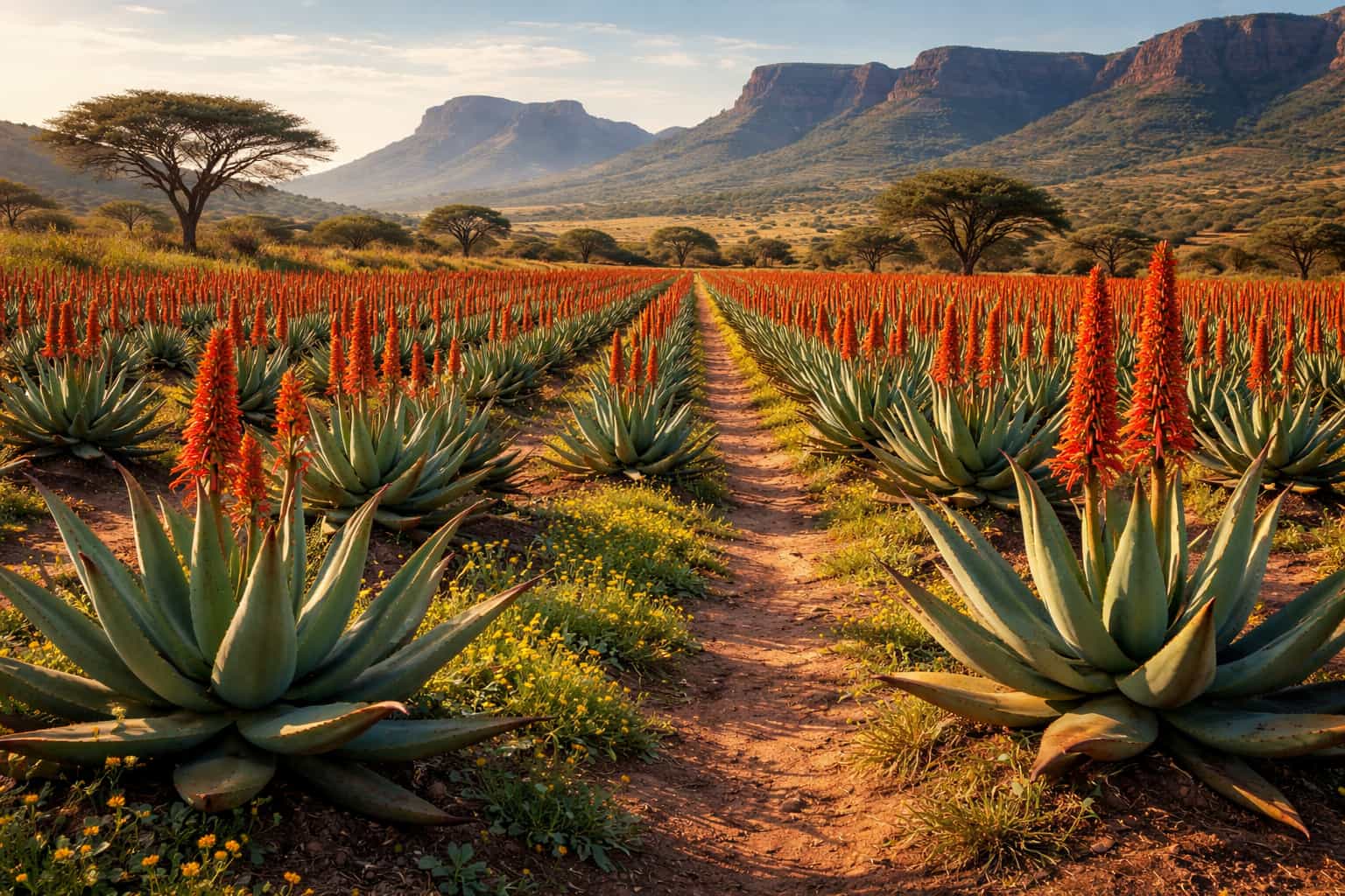 Aloe ferox plantation South Africa, rows of Cape aloe plants