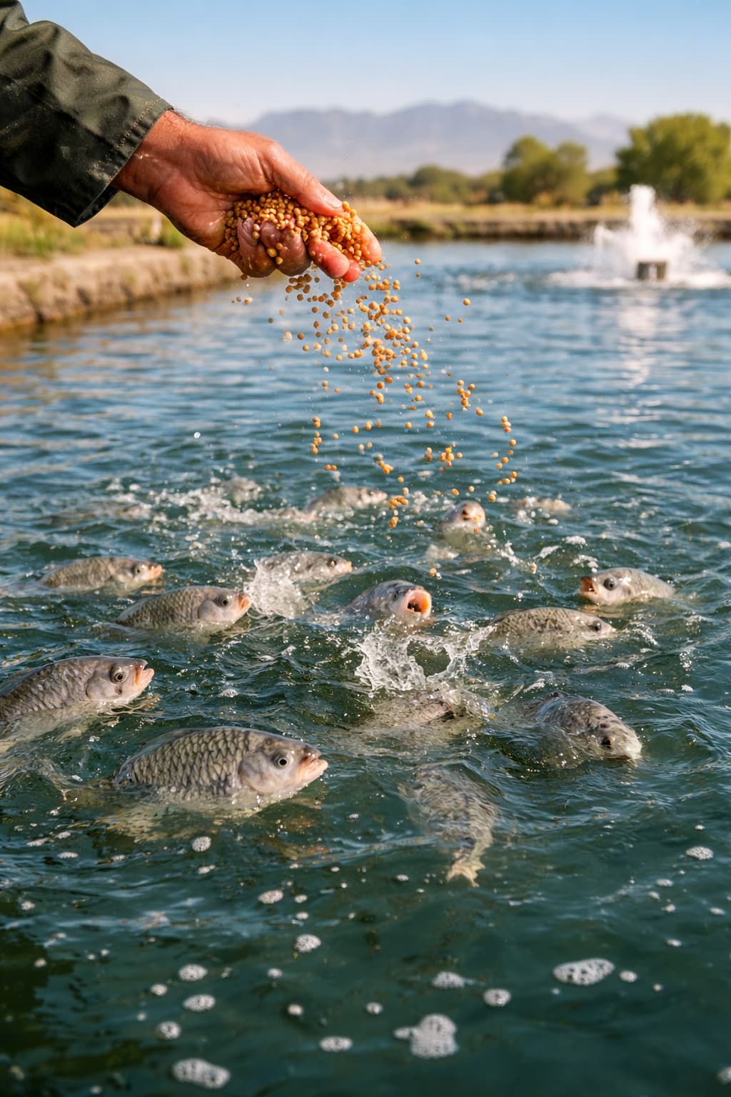Tilapia aquaculture pond on a South African fish farm, fish feeding at the surface