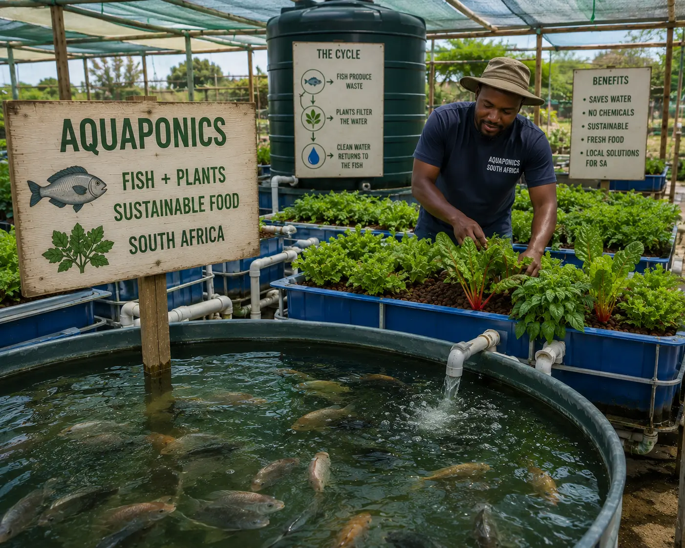 Aquaponics system with fish tank and grow beds in South Africa, tilapia below, leafy greens above