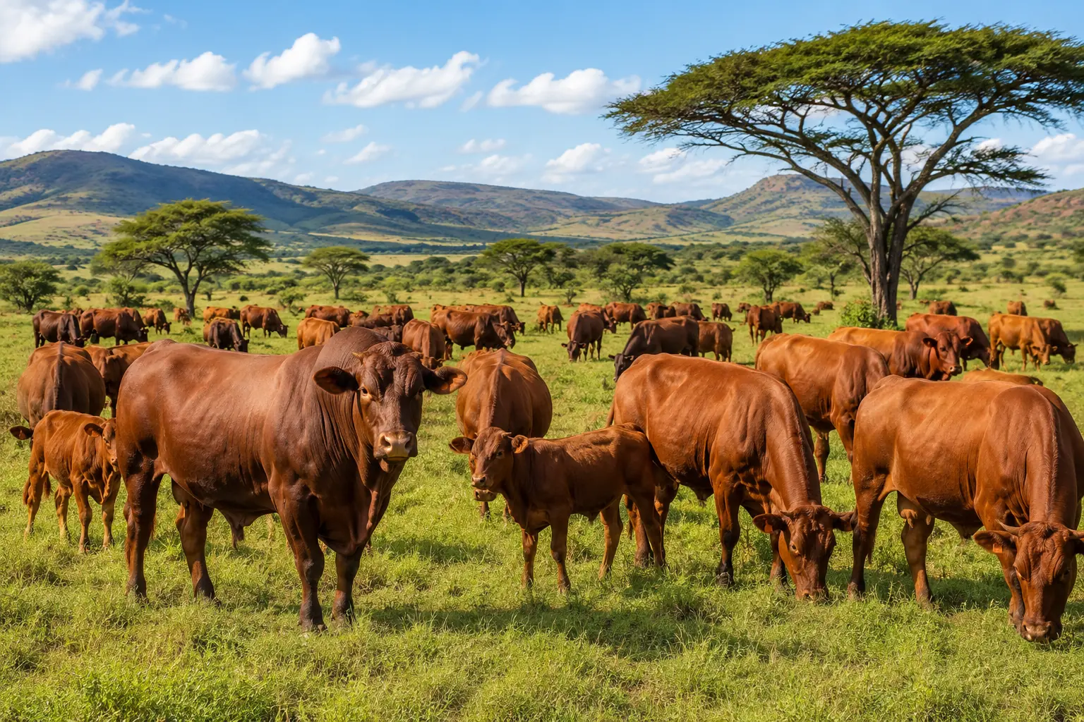 Bonsmara beef cattle herd in South Africa - commercial cattle farm