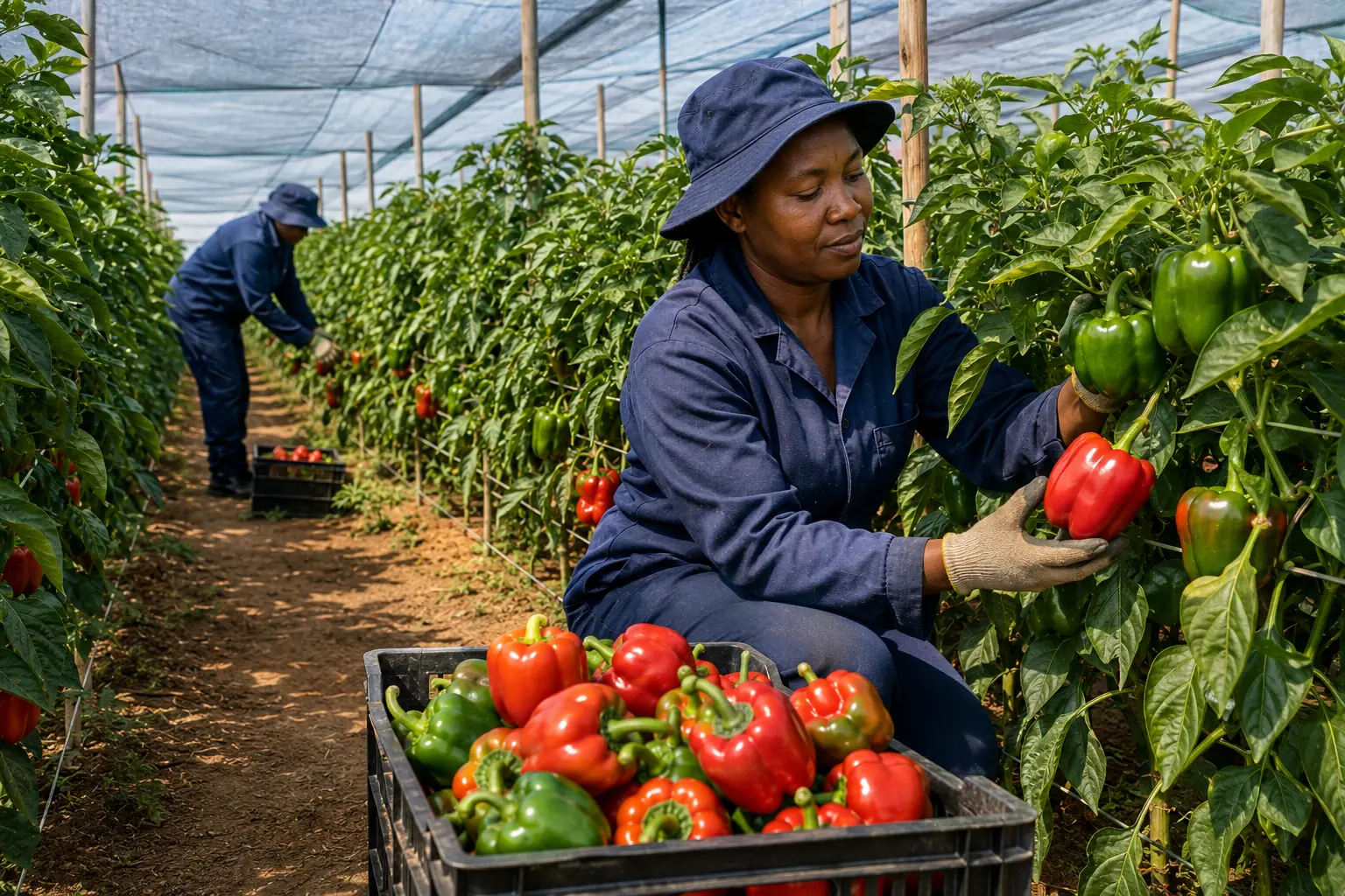 Bell pepper farming South Africa, coloured bell peppers growing in a high tunnel