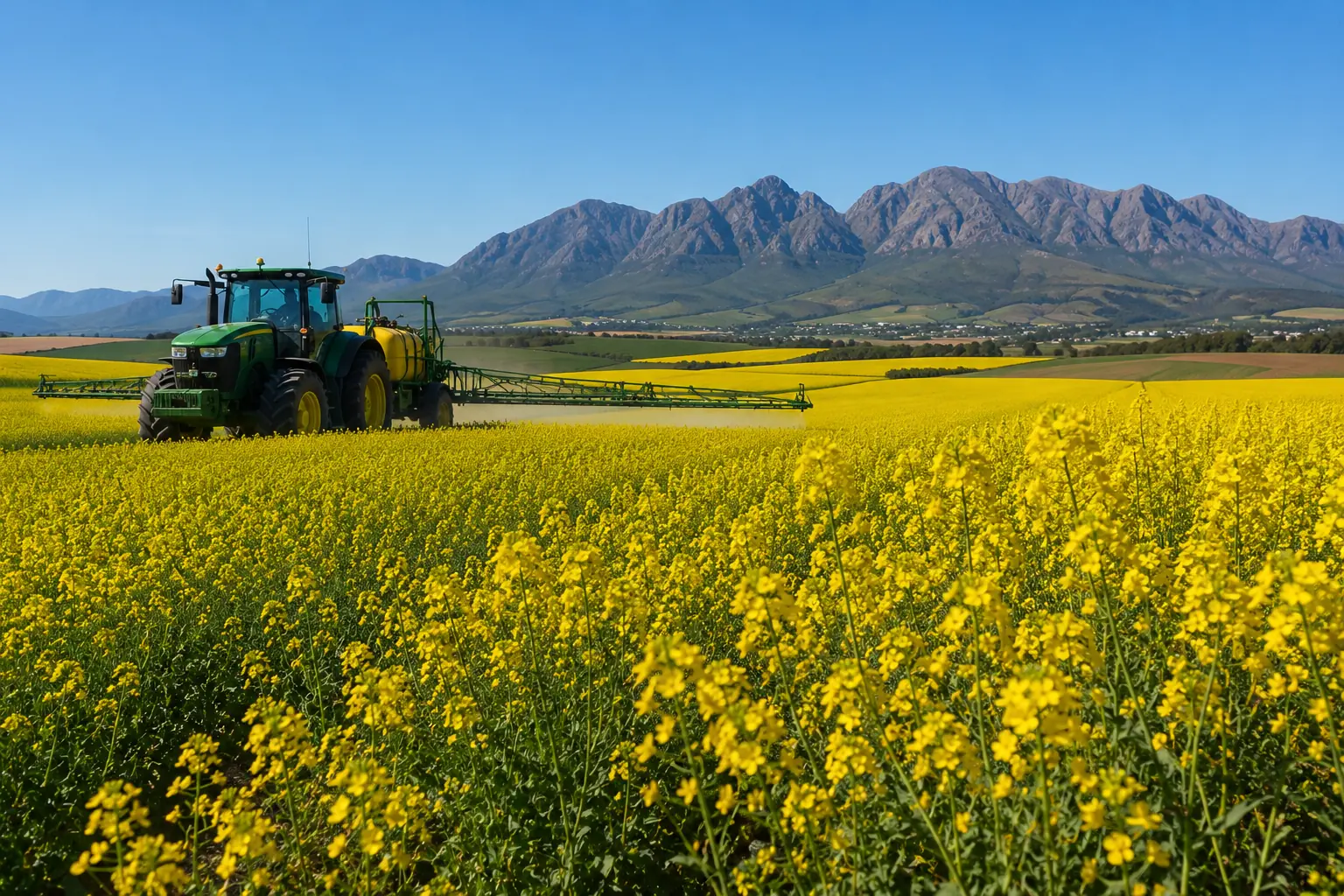 Canola yellow flowers in full bloom at a South African farm