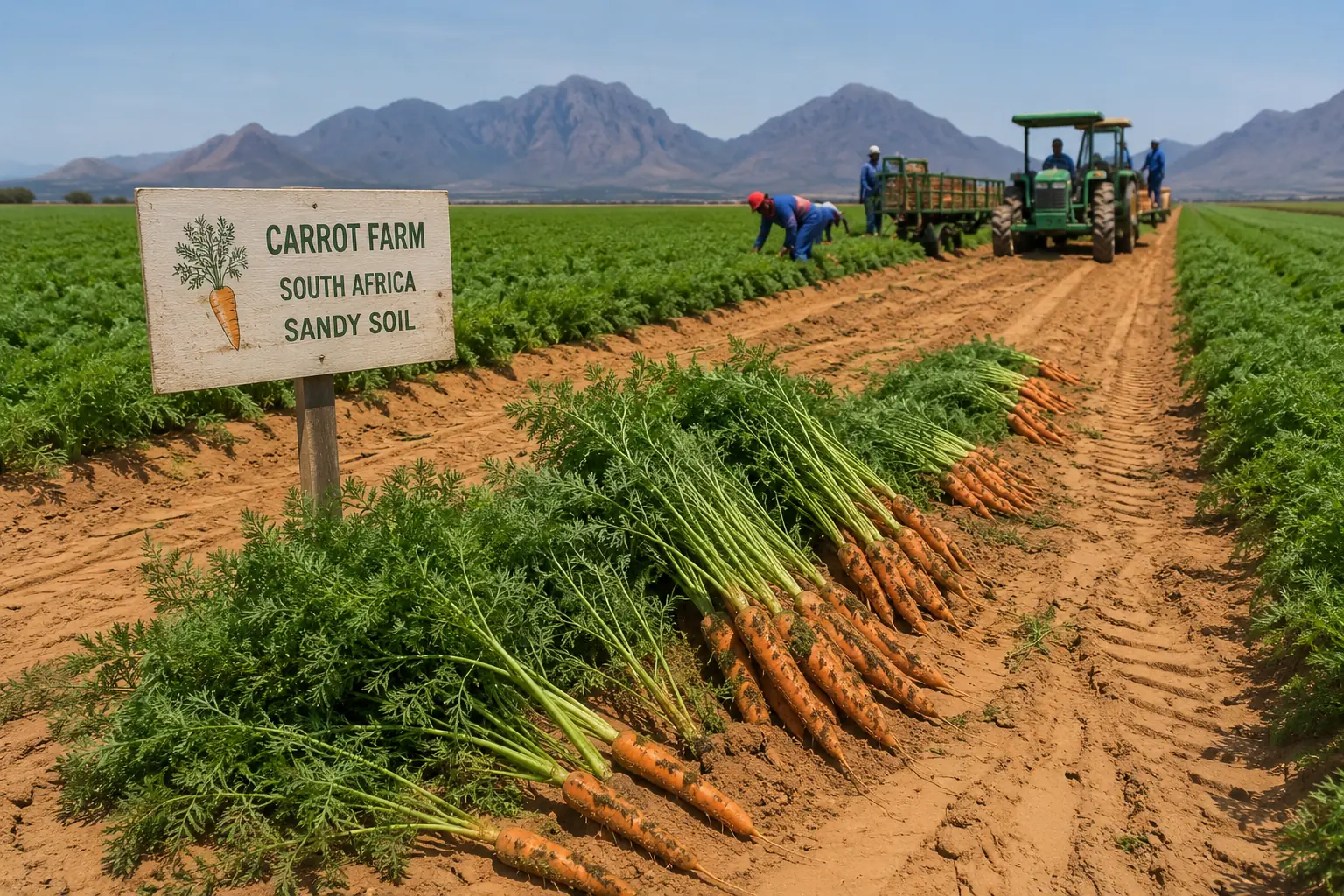 Carrot farming in South Africa on sandy soil - rows of growing carrots