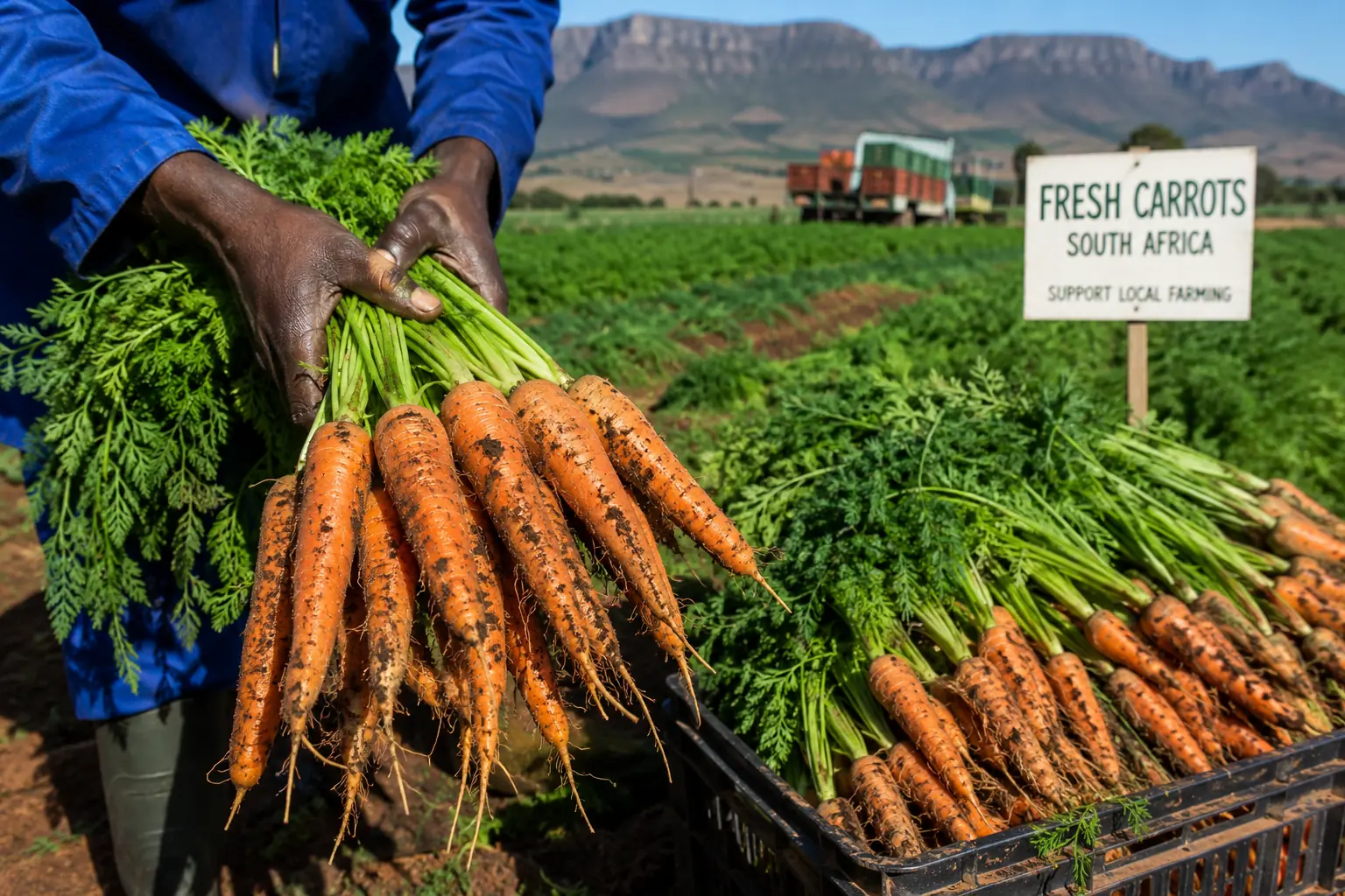 Carrot harvest in South Africa being washed and packed for fresh produce market