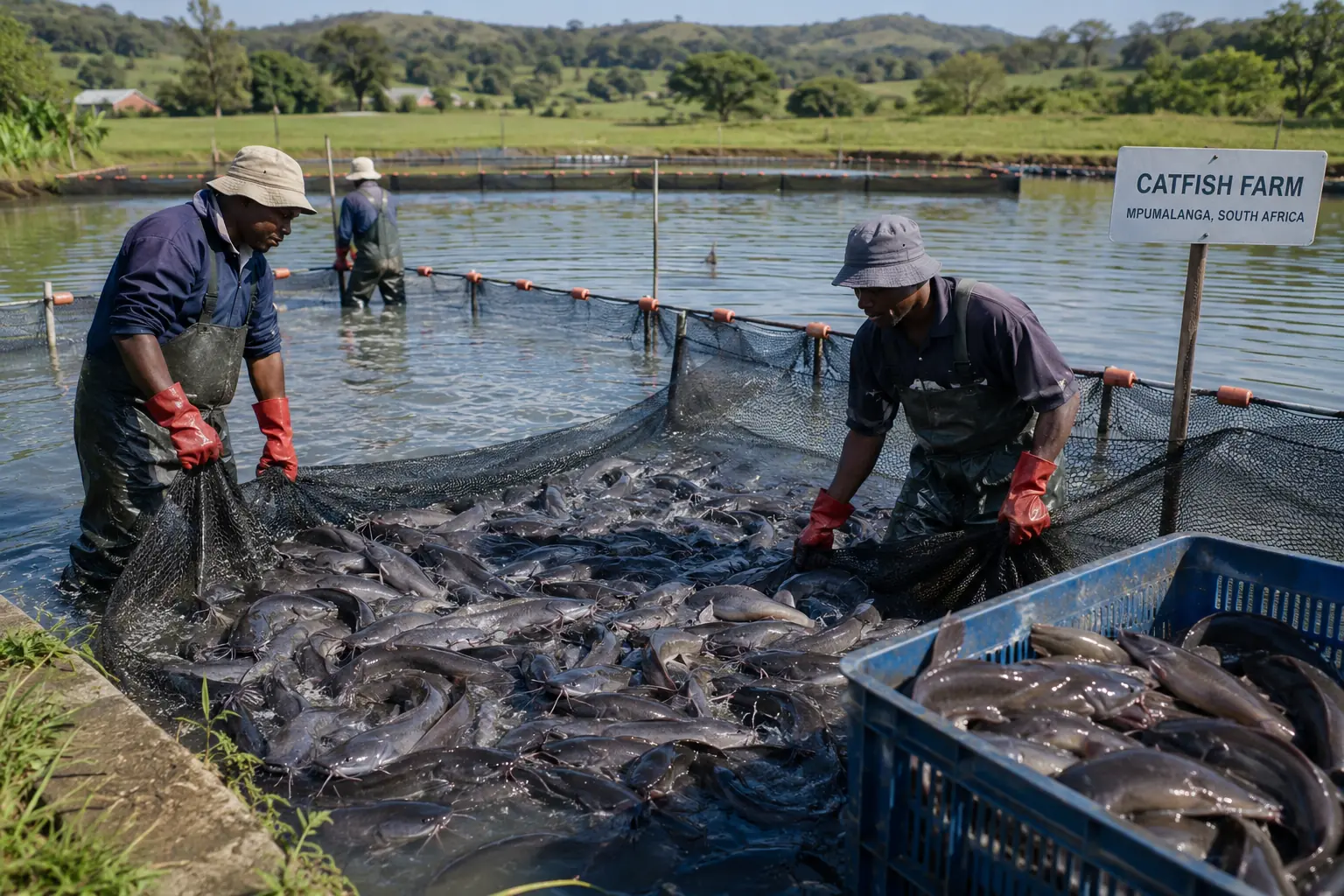 Harvesting catfish from a pond in South Africa - fresh fish for local market