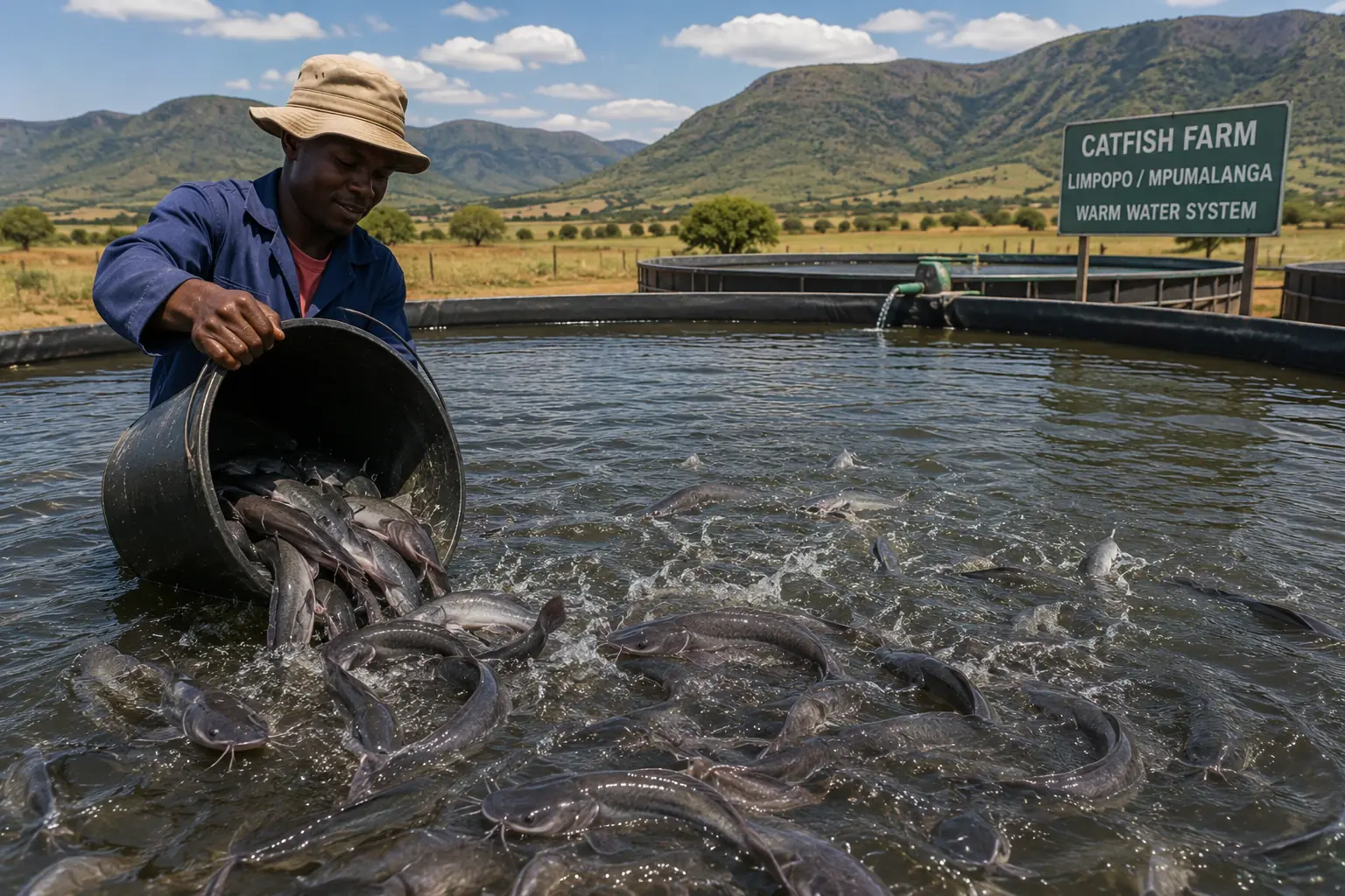 Catfish farming pond in Limpopo South Africa - African sharptooth catfish aquaculture