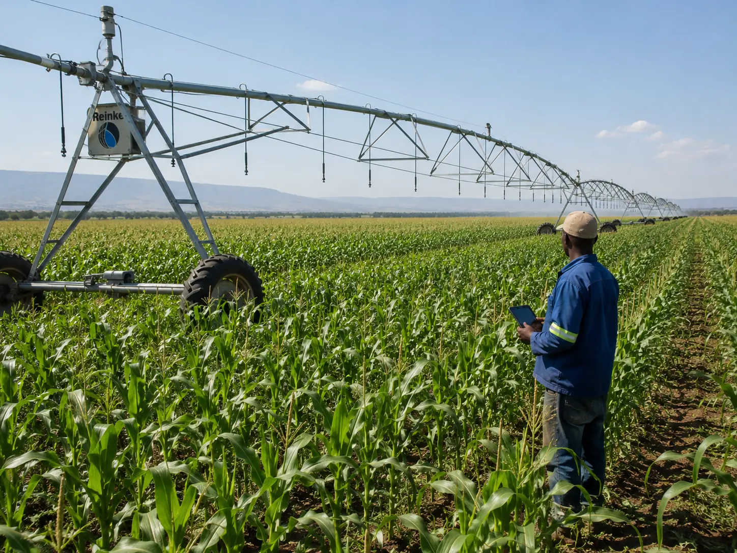 Centre pivot irrigation system operating over a green maize field in South Africa's highveld