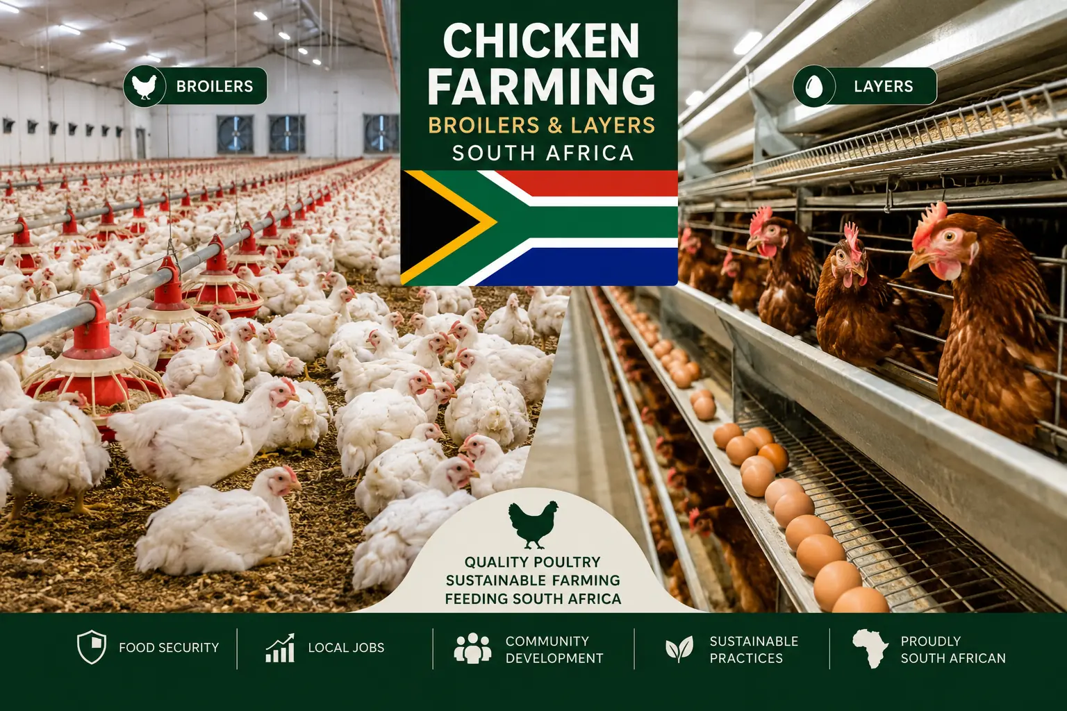 Chicken farming broiler house interior South Africa with day-old chicks on wood shaving litter