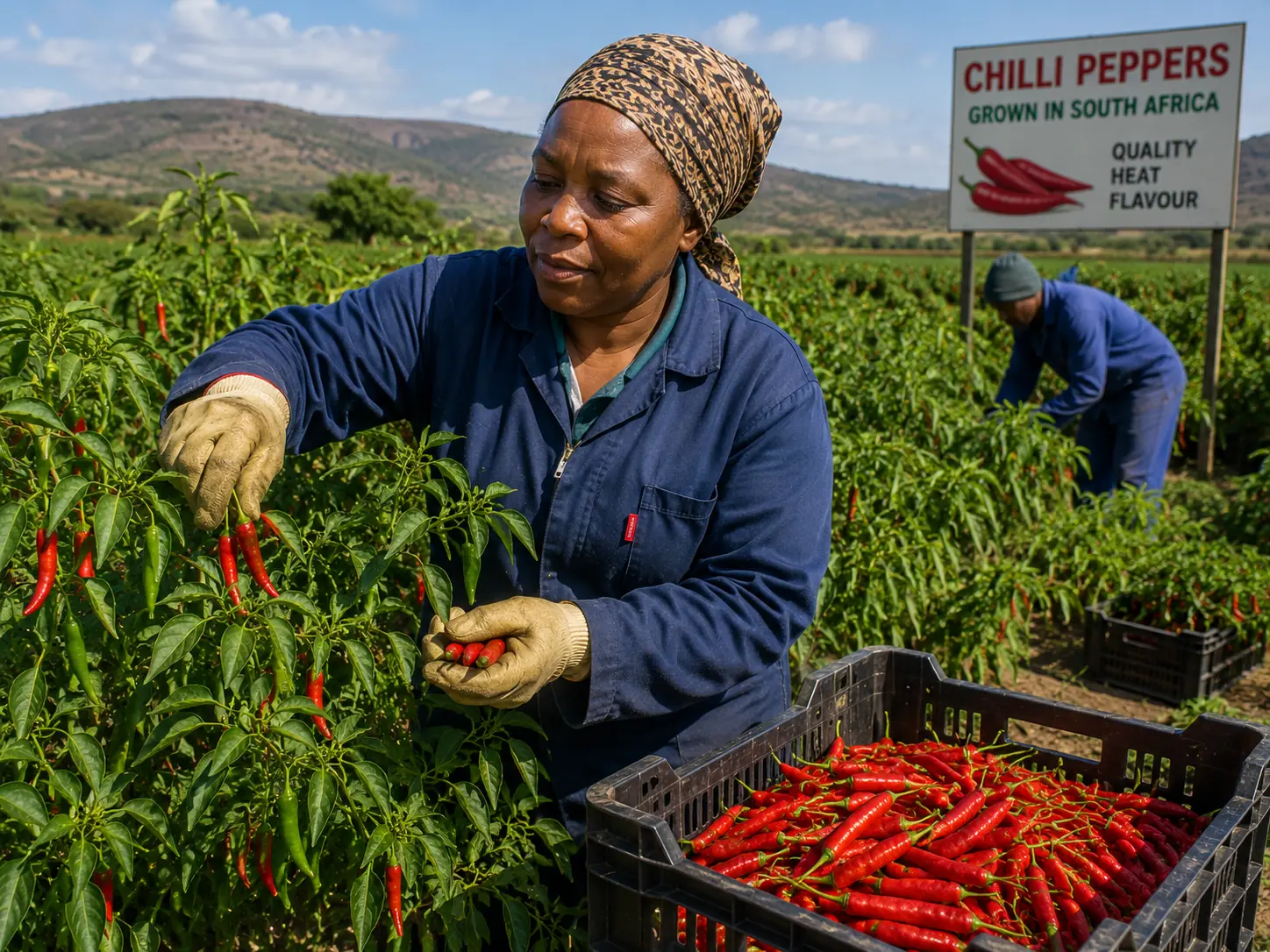 Chilli harvest South Africa, harvested red chillies being collected in the field