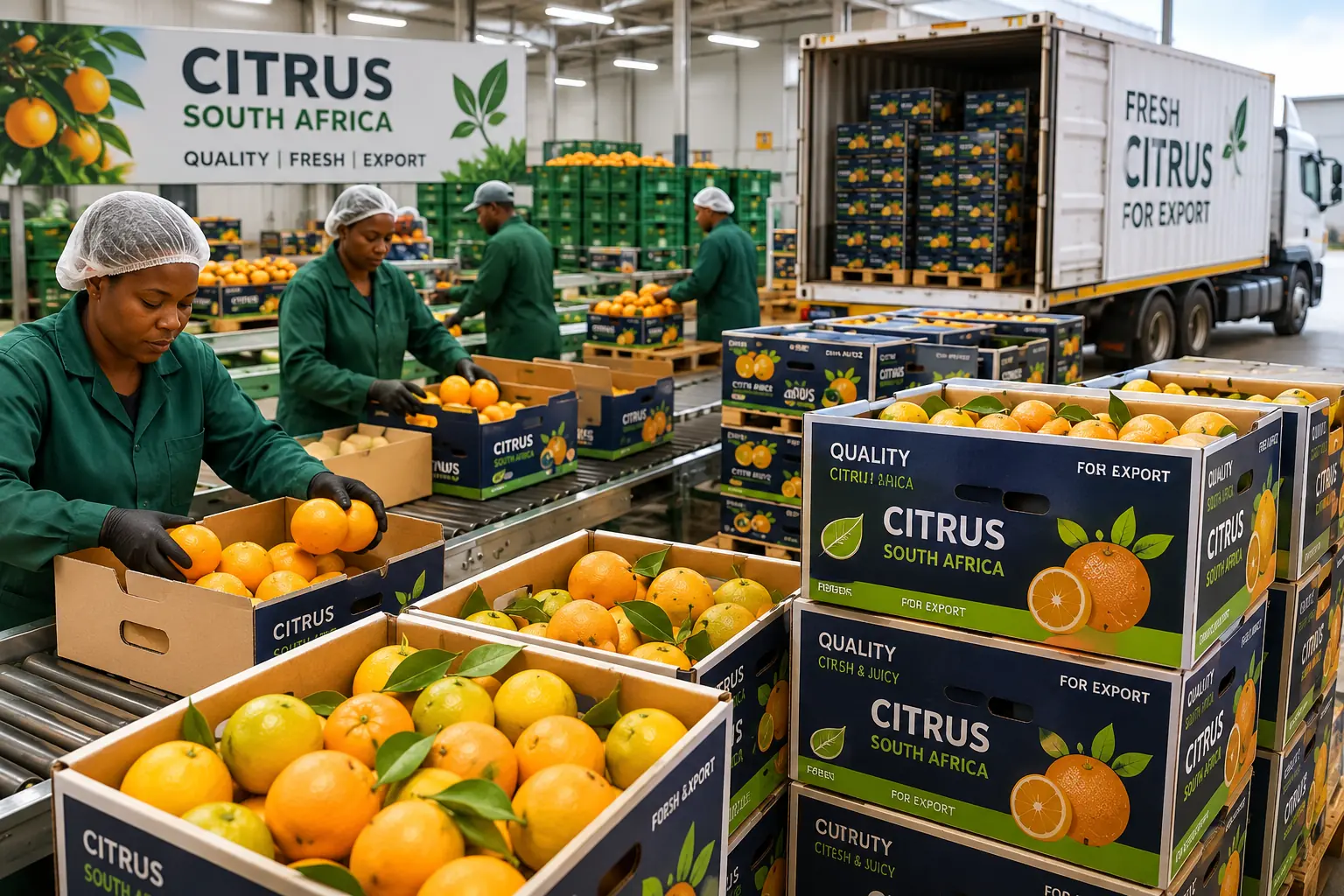 South African citrus being packed and sorted for export - oranges in packed cartons