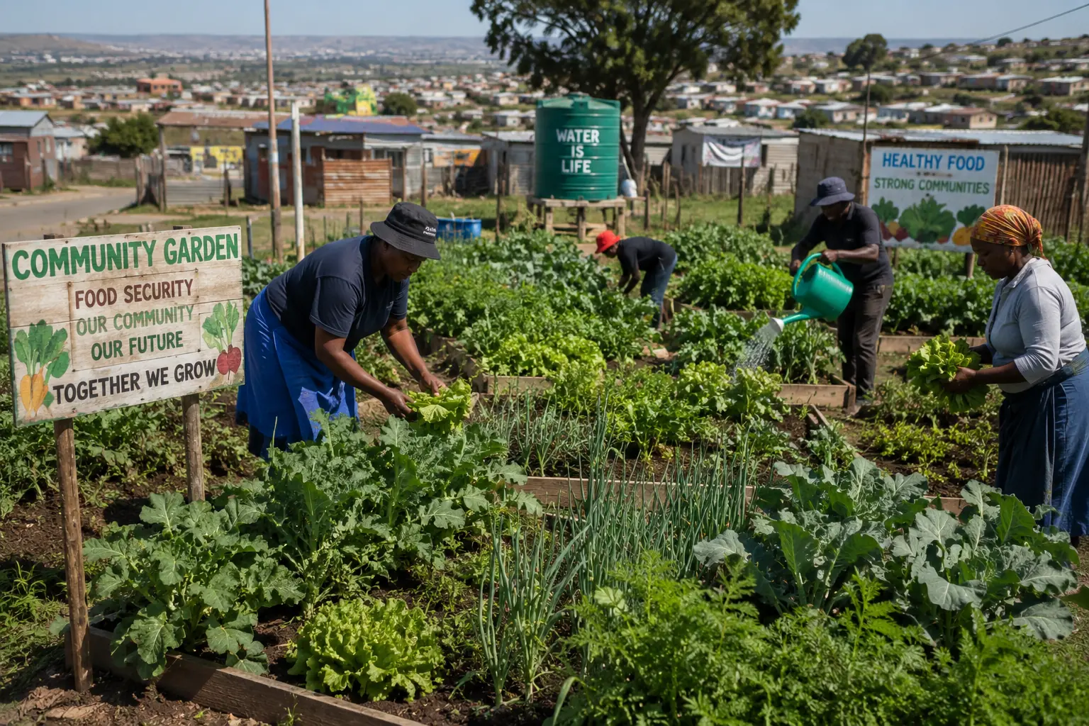Township community food garden South Africa - members harvesting spinach and vegetables for local sale