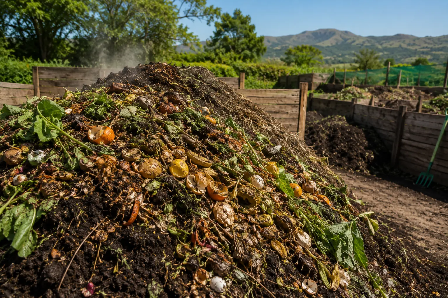 Composting in South Africa - two-bay compost heap with organic materials on a farm