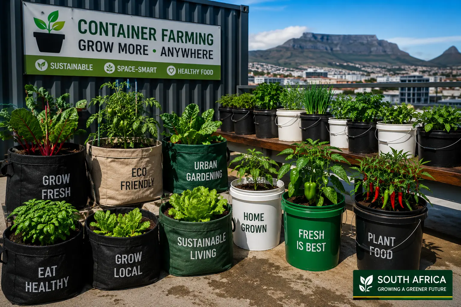 Container farming South Africa - vegetables growing in bags and buckets in a township backyard
