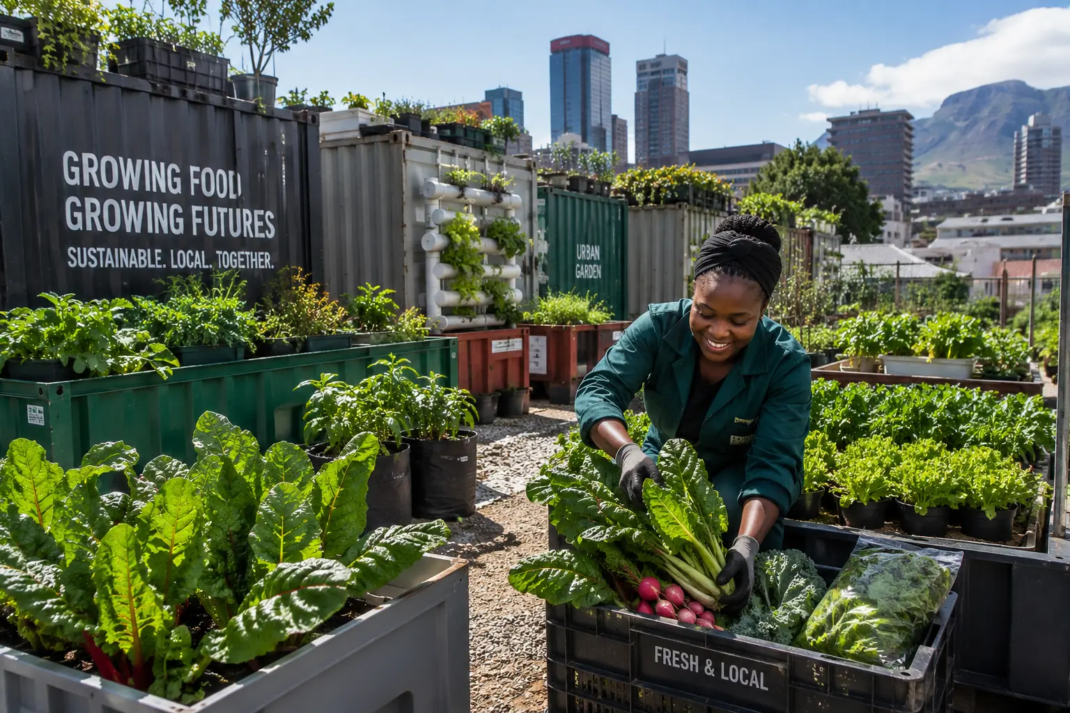 Urban container farming harvest South Africa - tomatoes and greens growing in grow bags