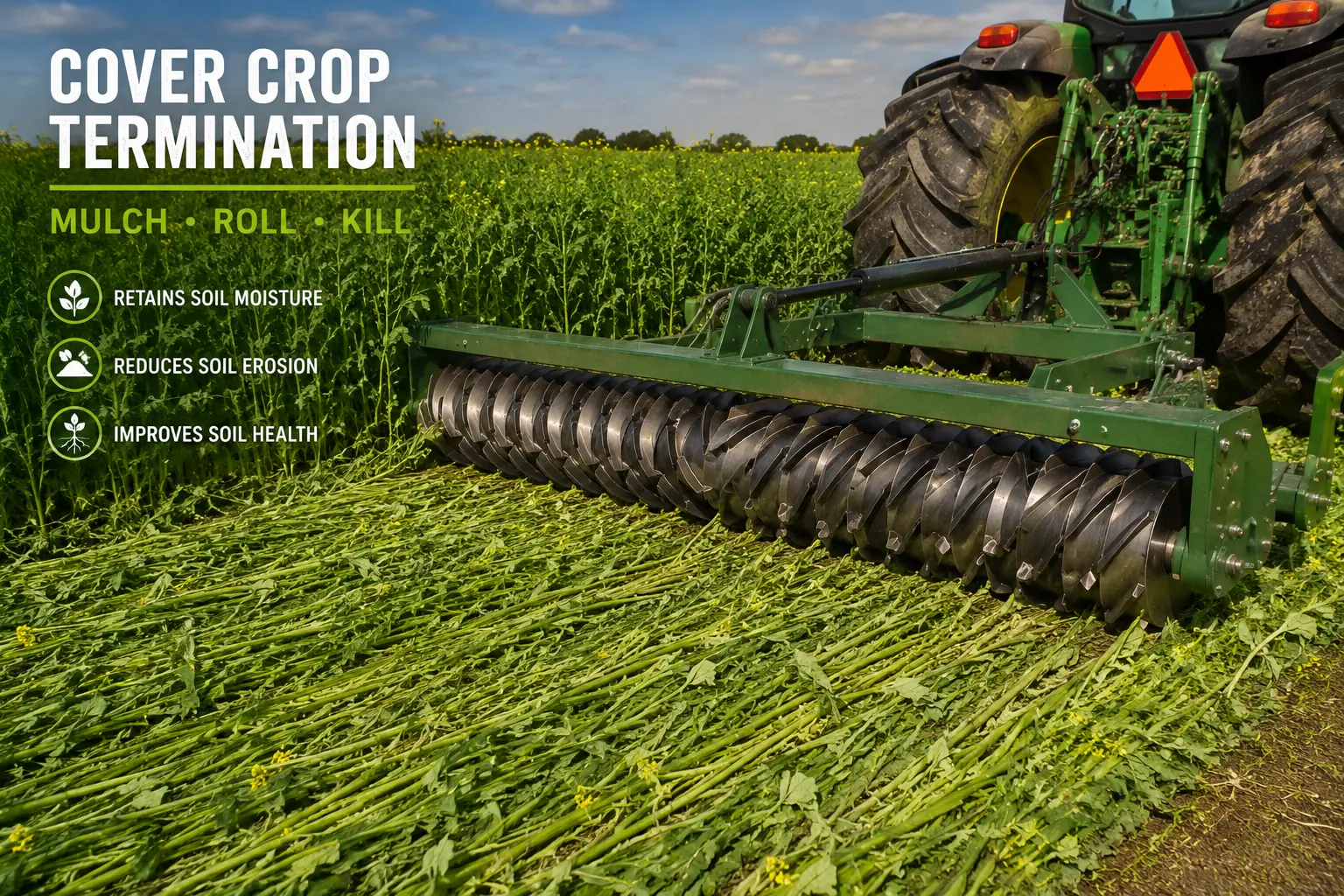 Cover crop termination South Africa - roller crimper flattening cover crop to create mulch layer