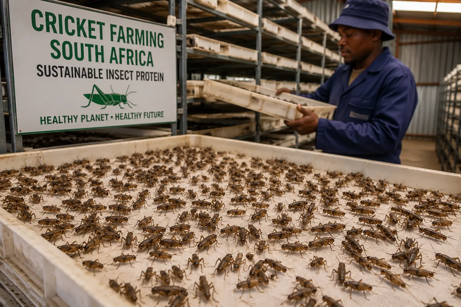 South African farmer with cricket farming tubs showing insect protein production