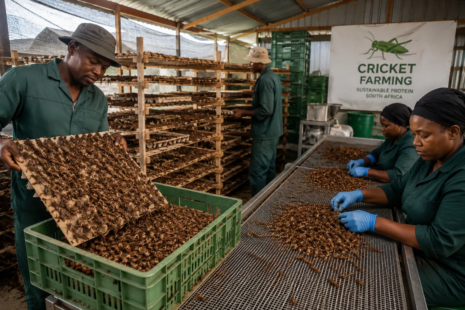 South African farmer harvesting and processing crickets for protein products
