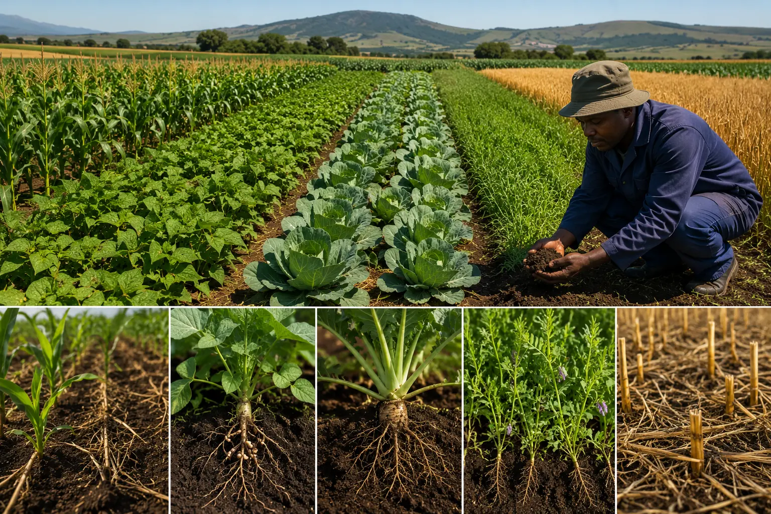 South African farmer examining healthy dark soil improved through crop rotation
