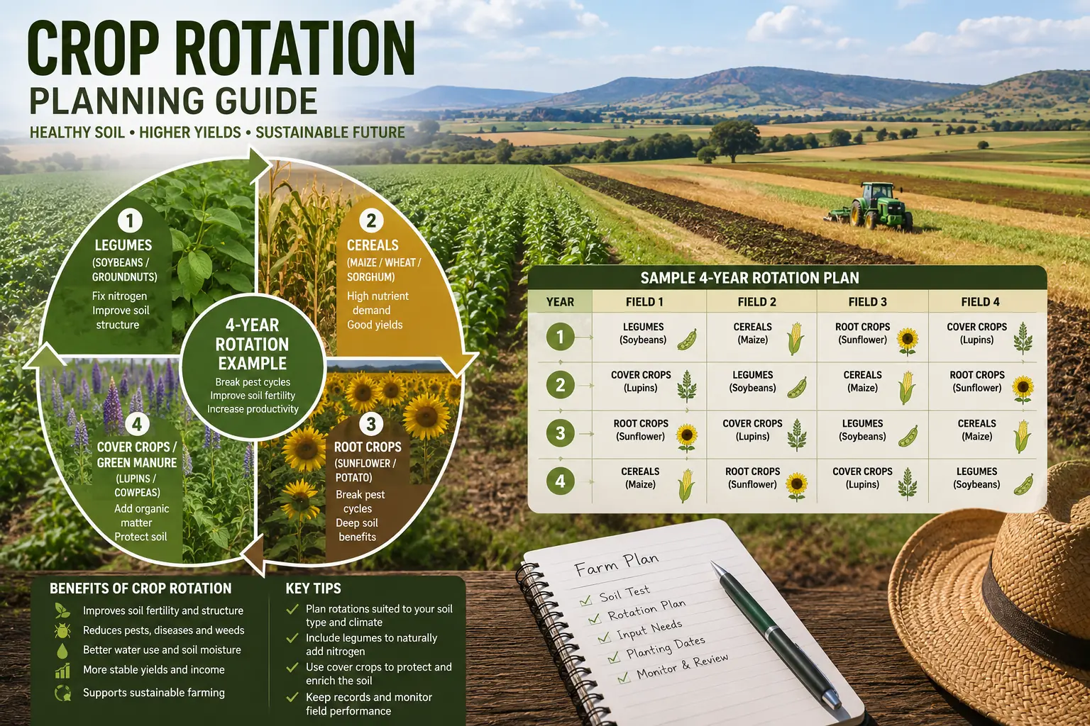 South African farm showing different crops in rotation across field sections