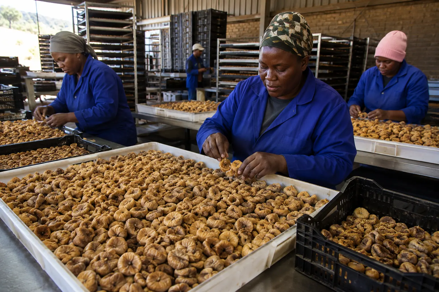 South African fig farmer sun-drying freshly harvested figs on mesh drying racks in the Western Cape