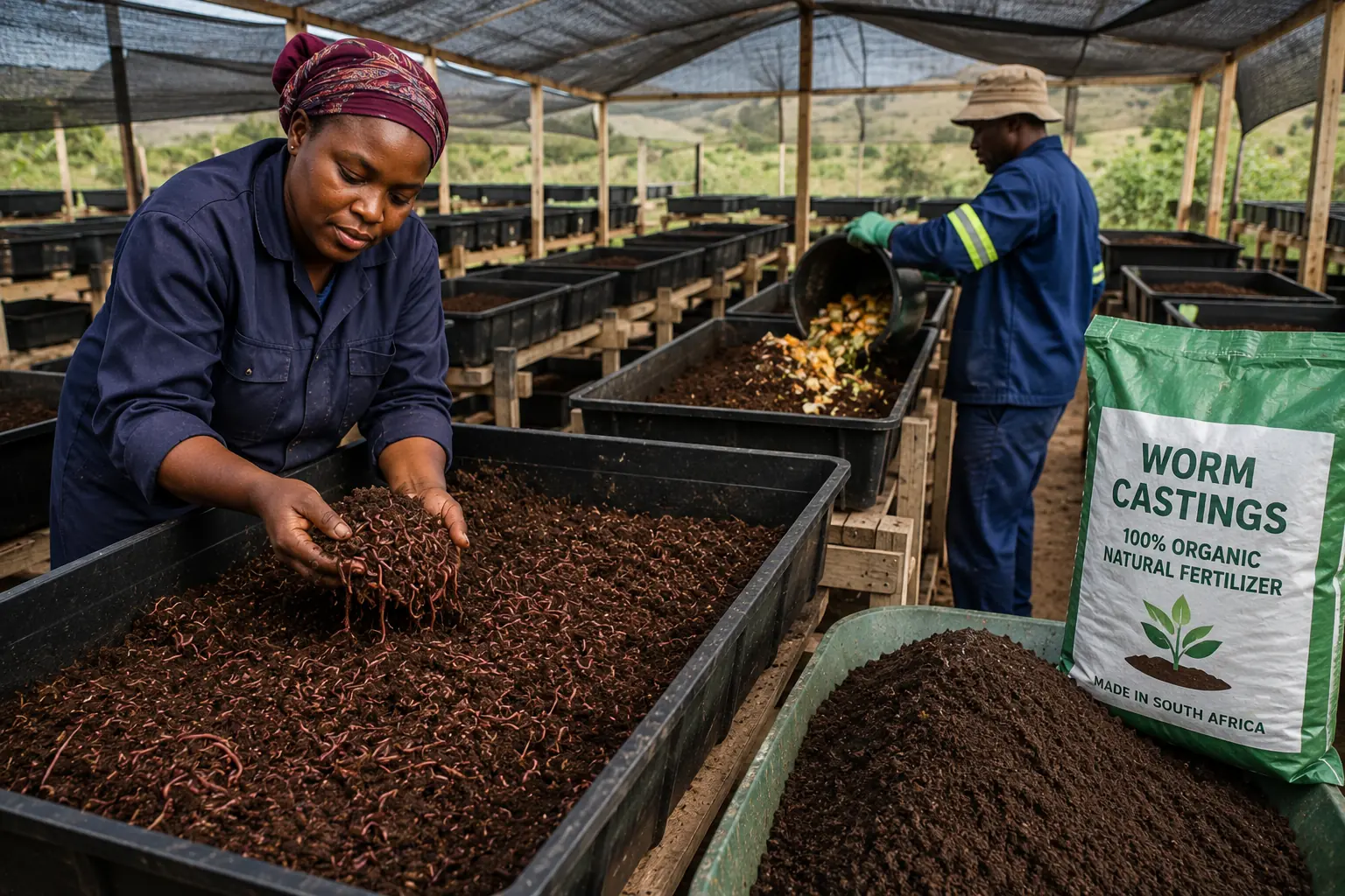 South African farmer holding rich vermicompost with red wiggler earthworms