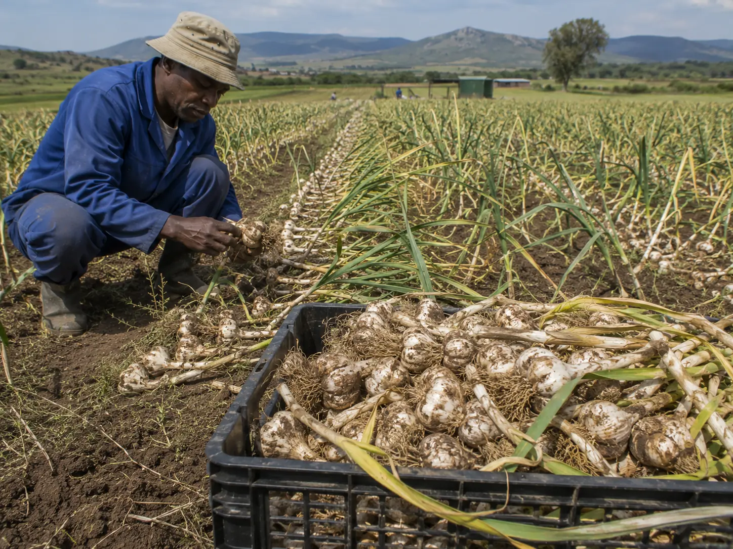 Garlic farming South Africa, harvested garlic bulbs curing on a Western Cape farm
