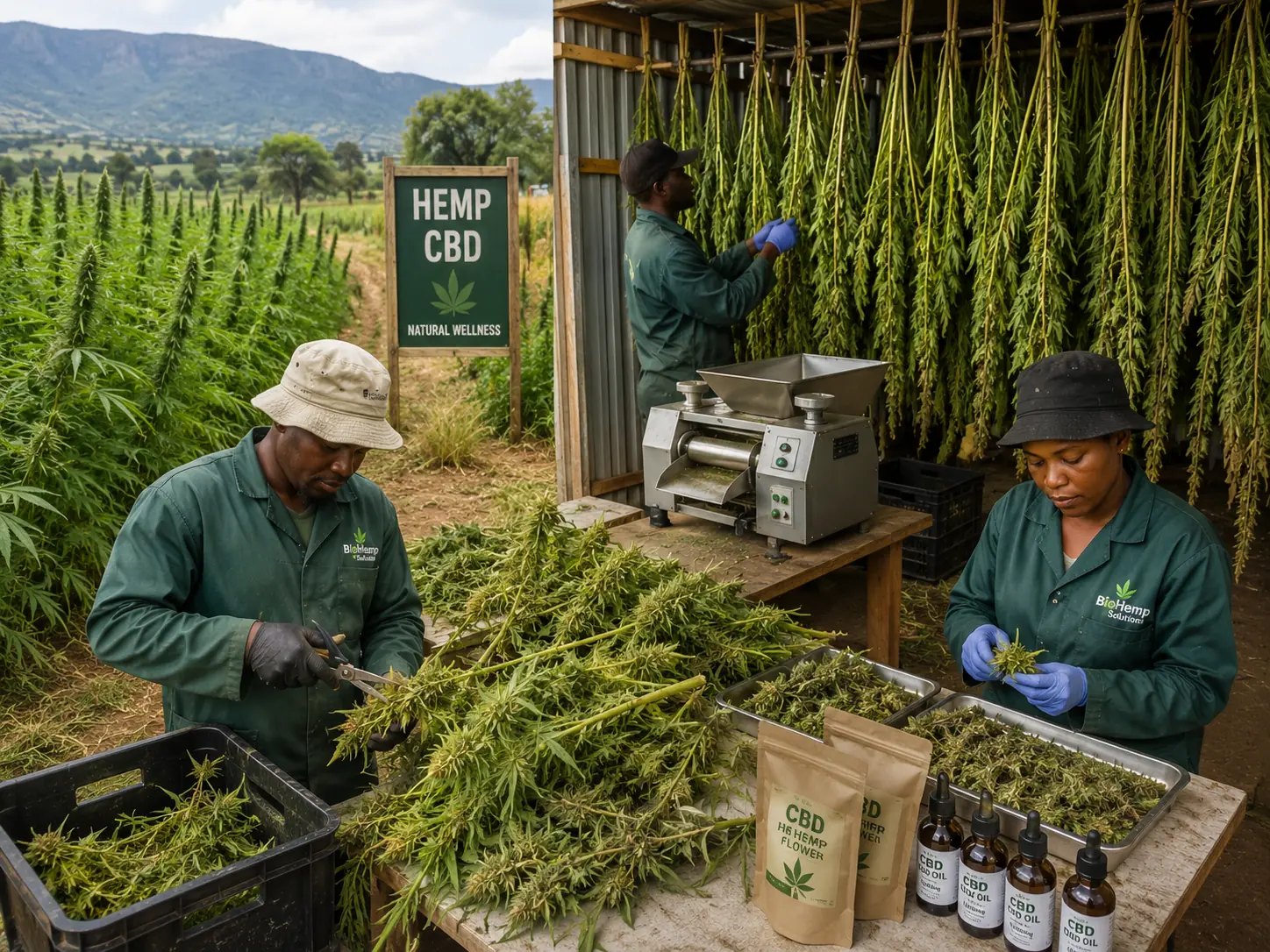 South African hemp CBD processing facility showing dried hemp flower and extraction equipment
