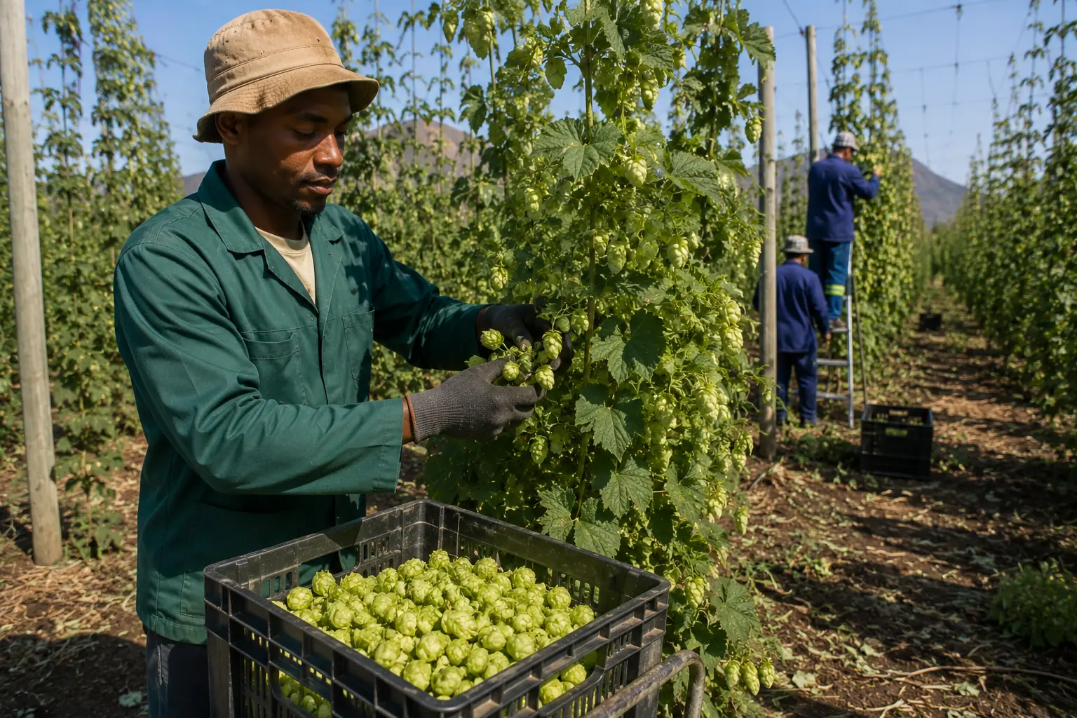 Freshly harvested South African hop cones in a harvest crate, connecting SA hop farms to craft beer