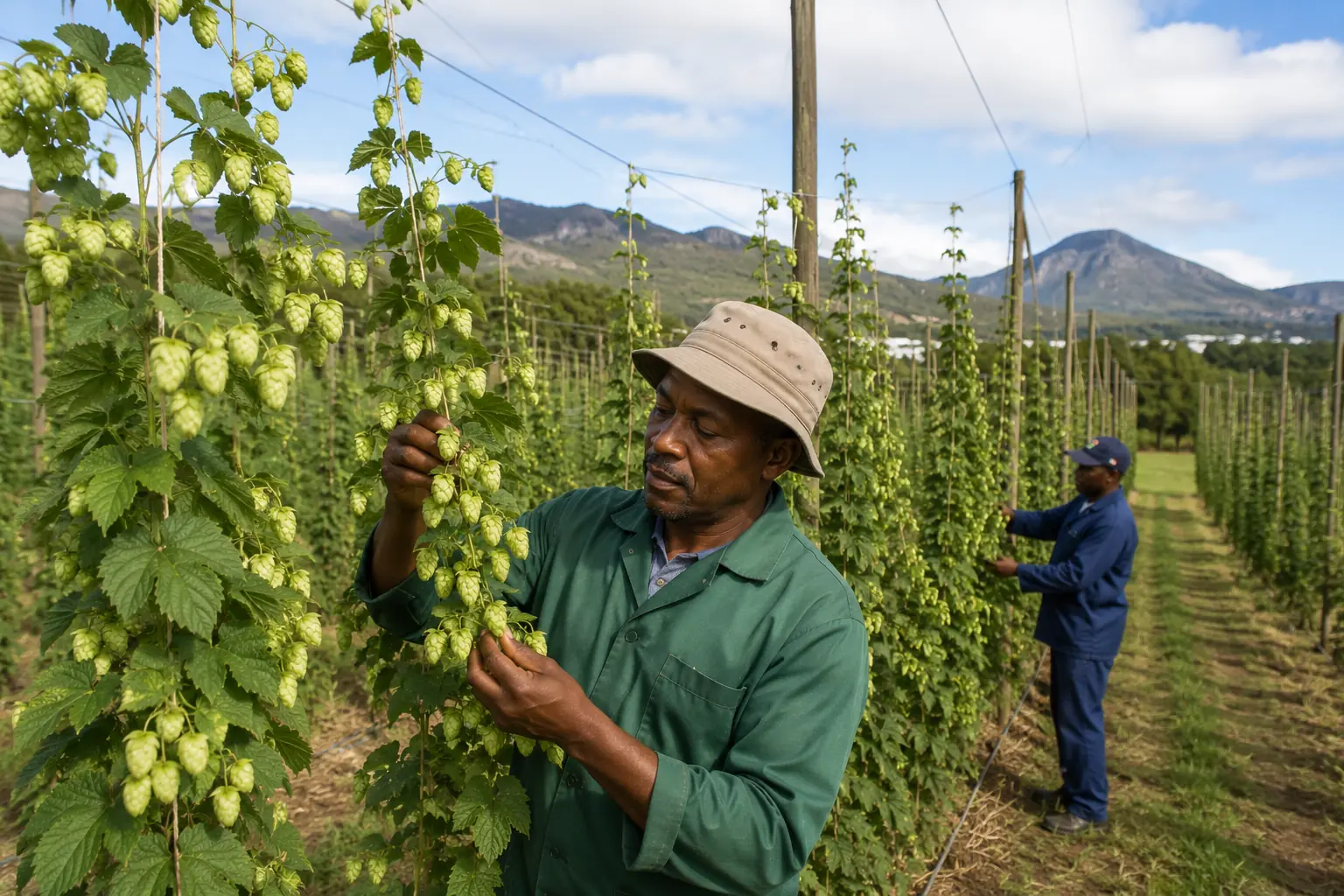 Hop yard near George in the Western Cape with tall trellis structures covered in growing hop bines