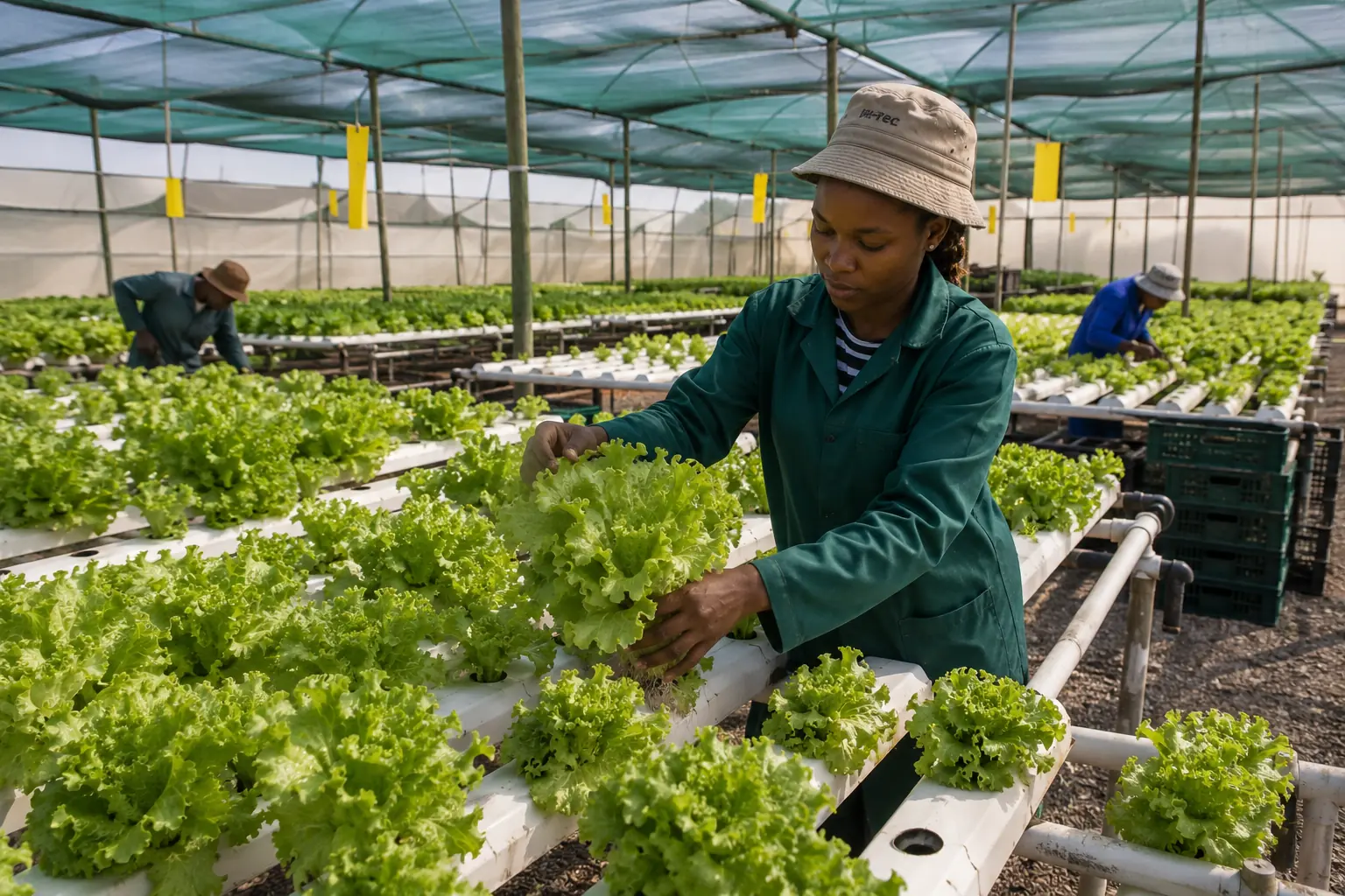 Hydroponics farming South Africa, NFT lettuce channels in a commercial greenhouse