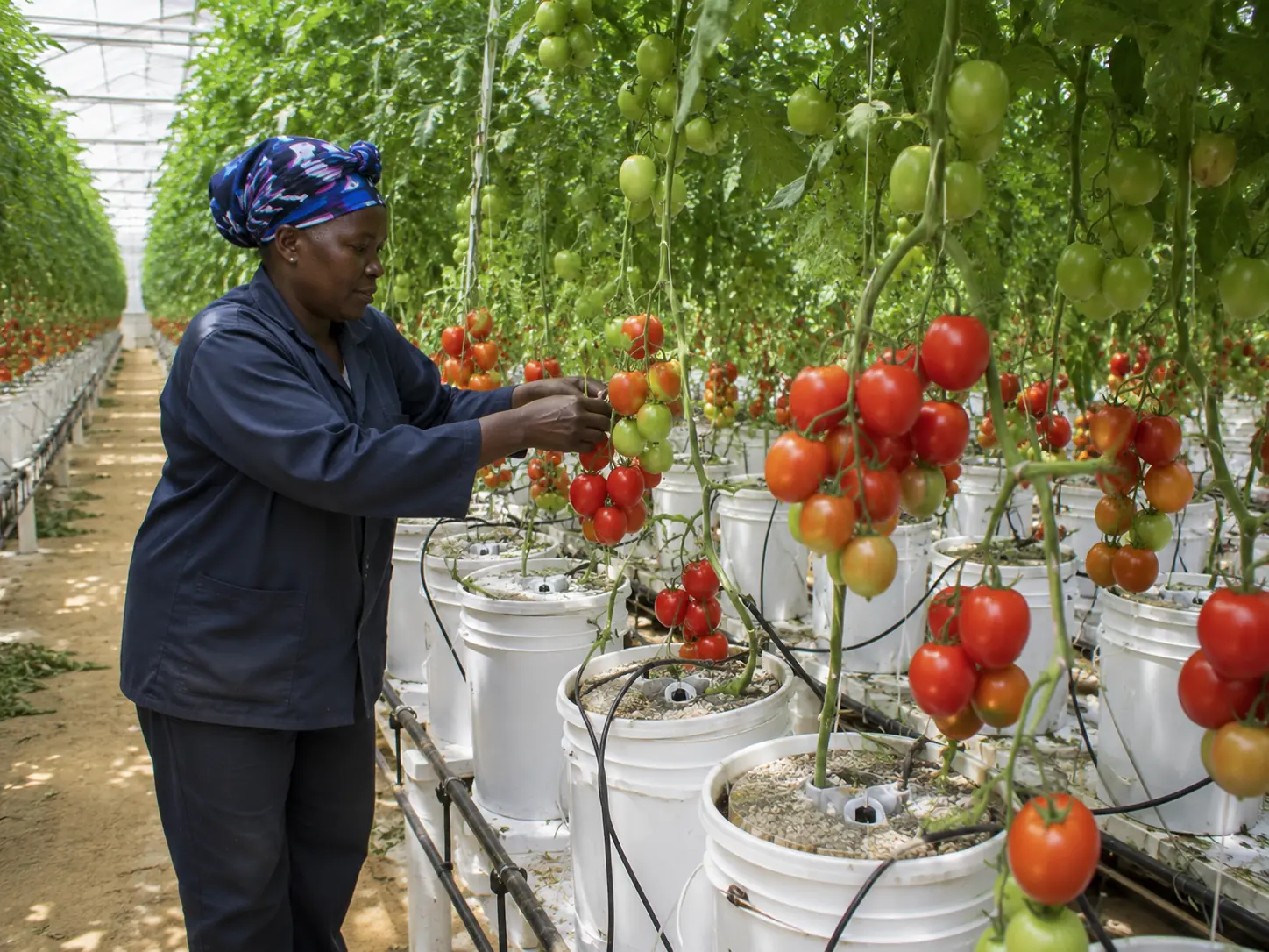 Dutch bucket hydroponic tomatoes South Africa greenhouse