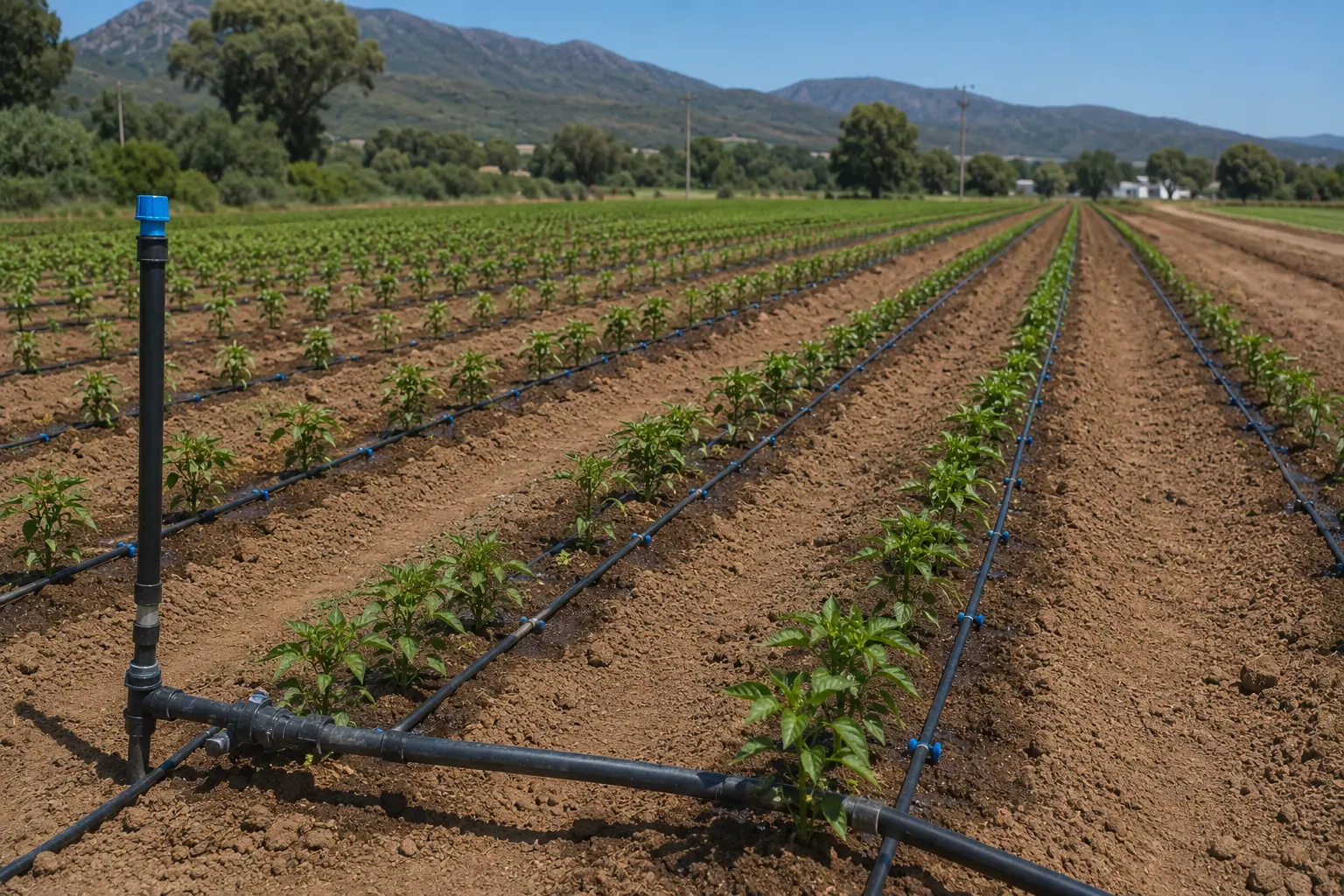Drip irrigation system on a South African vegetable farm delivering water precisely to tomato roots