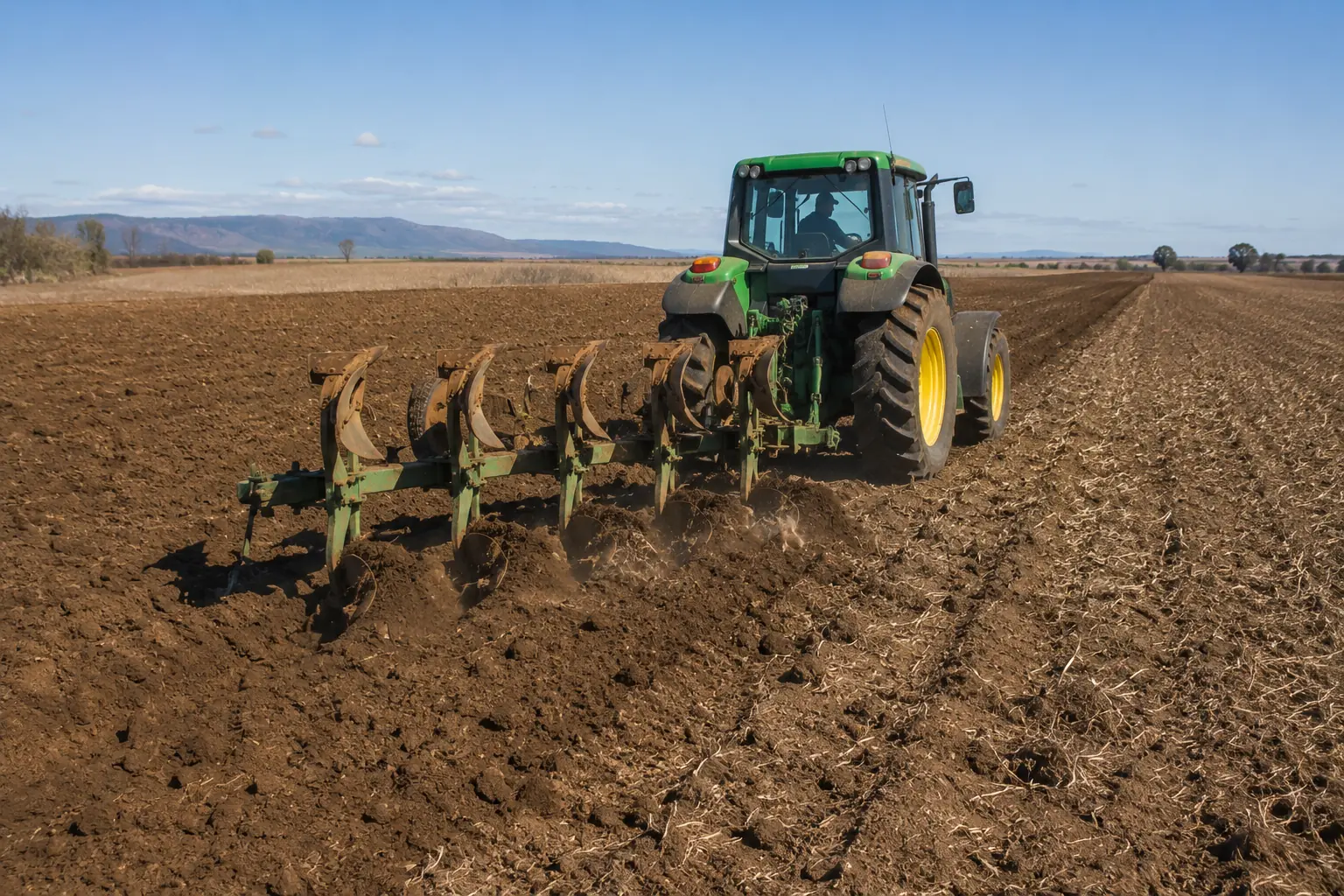 South African farmer ploughing with a tractor on red-brown Limpopo soil preparing land for planting