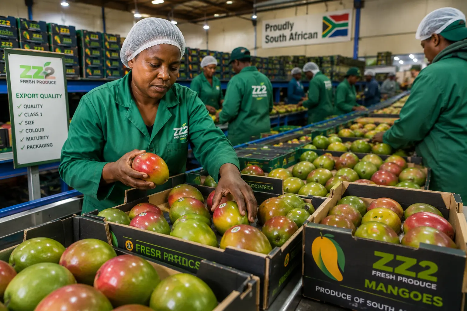 Workers packing export-grade Tommy Atkins mangoes in a Limpopo pack house for European markets