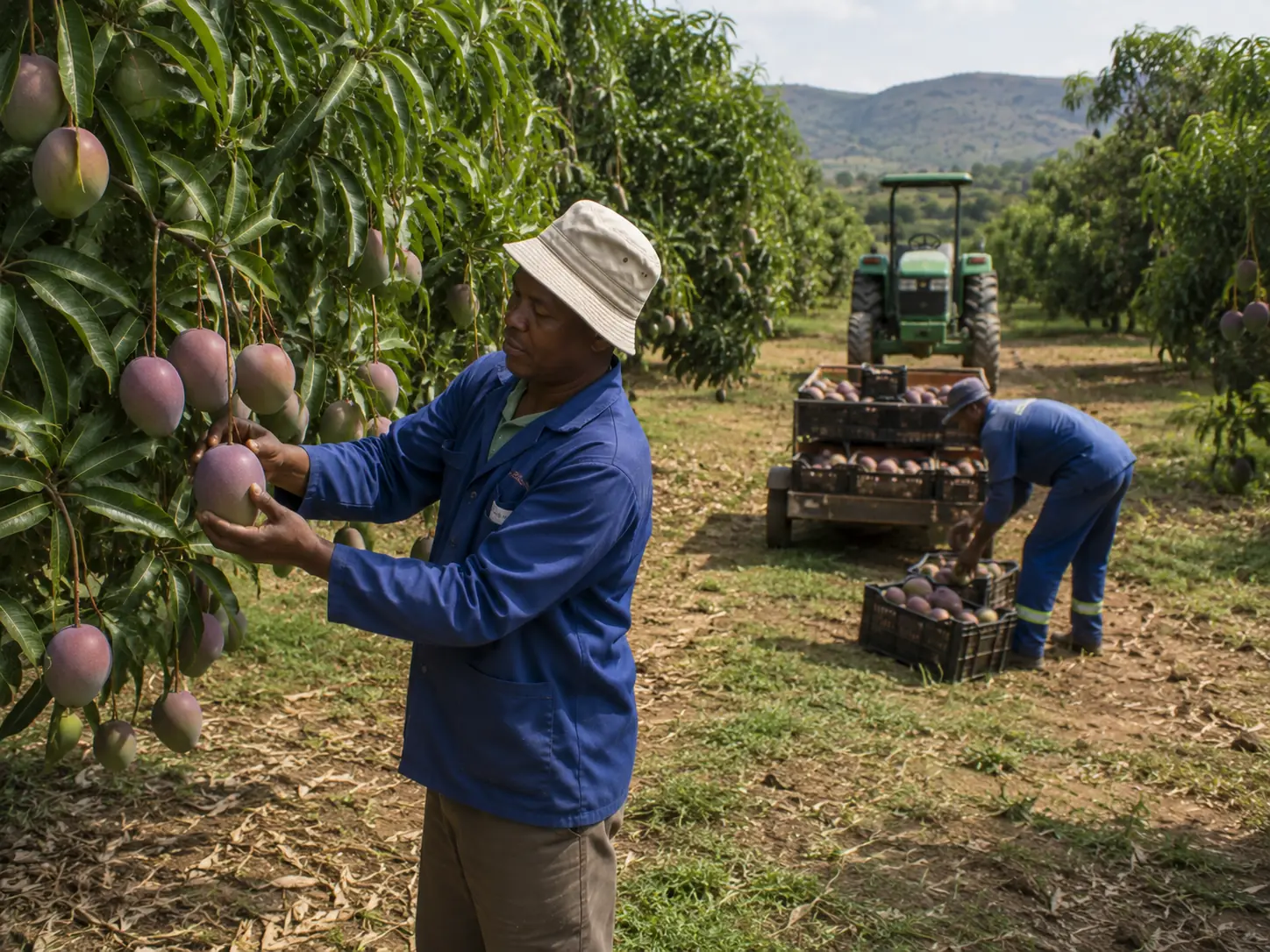 Mature mango orchard in Limpopo lowveld with ripe mangoes being harvested from large spreading trees