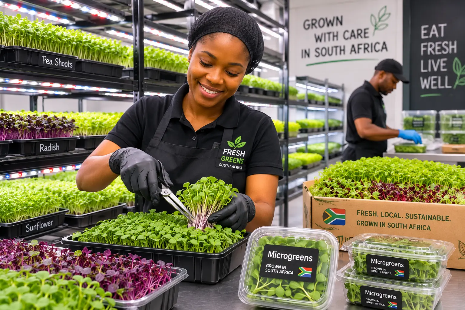 Microgreens farming South Africa, trays of sunflower shoots and pea shoots growing under LED lights