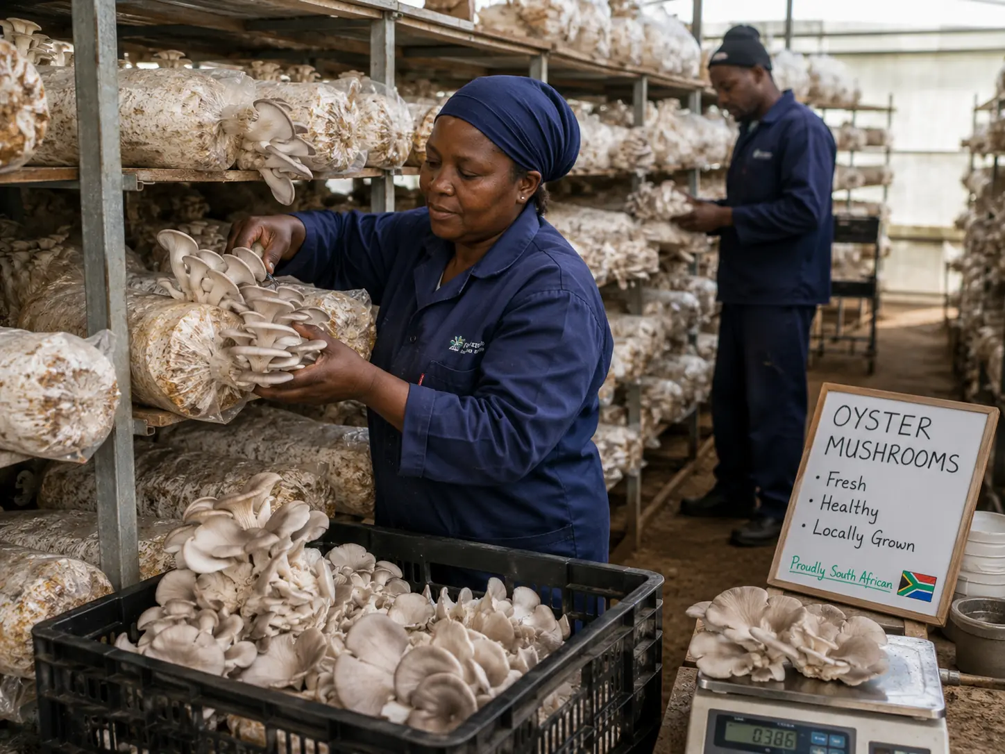 Oyster mushroom farming South Africa, pink and grey oyster clusters fruiting from substrate bags