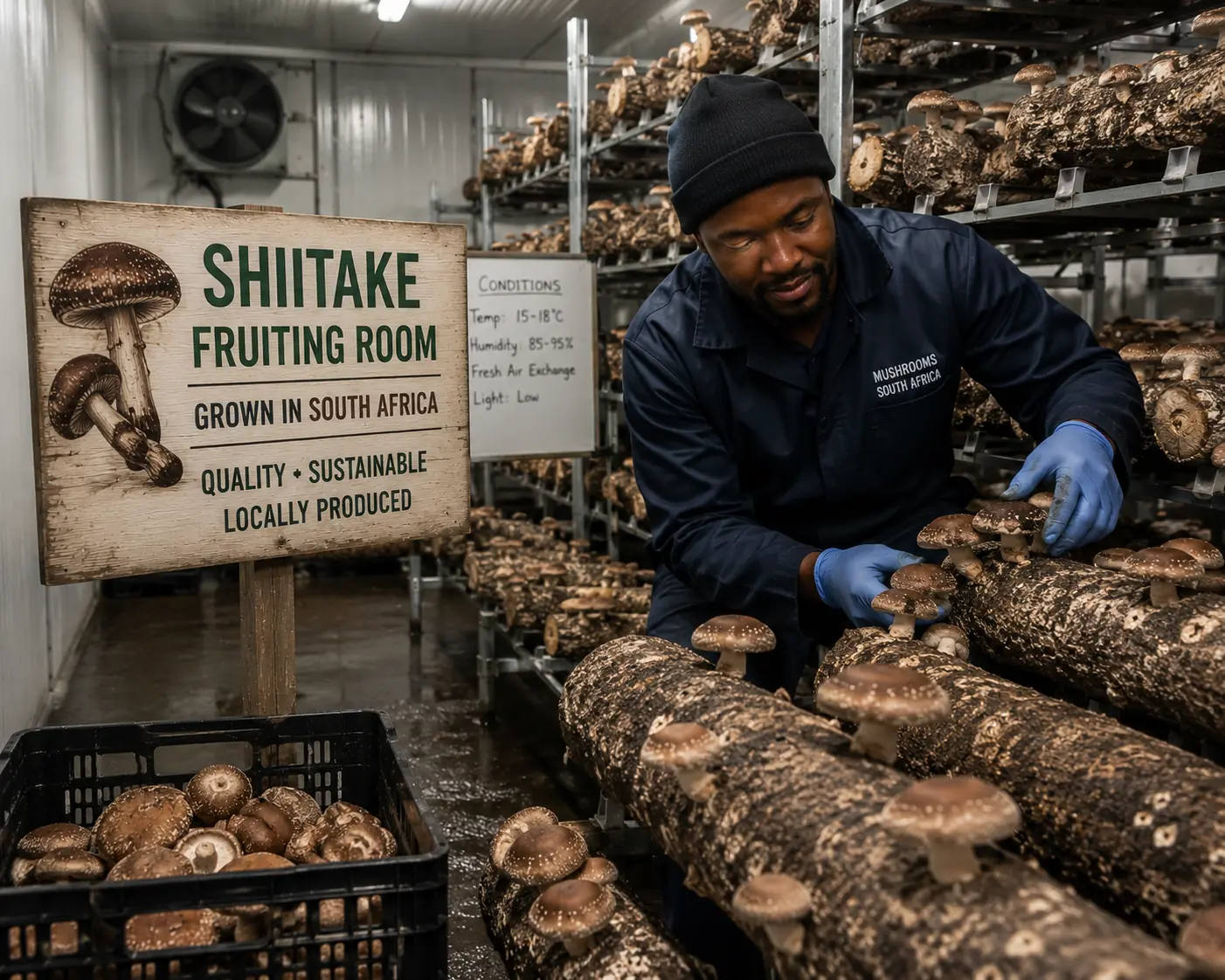 Mushroom fruiting room humidity South Africa shiitake oyster