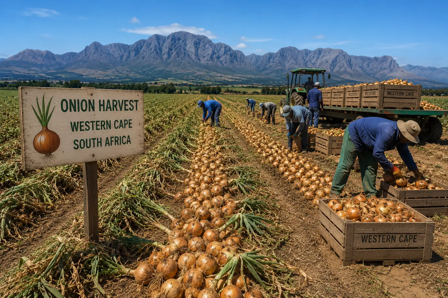 Onion harvest in the Western Cape South Africa, hand harvested onions being graded