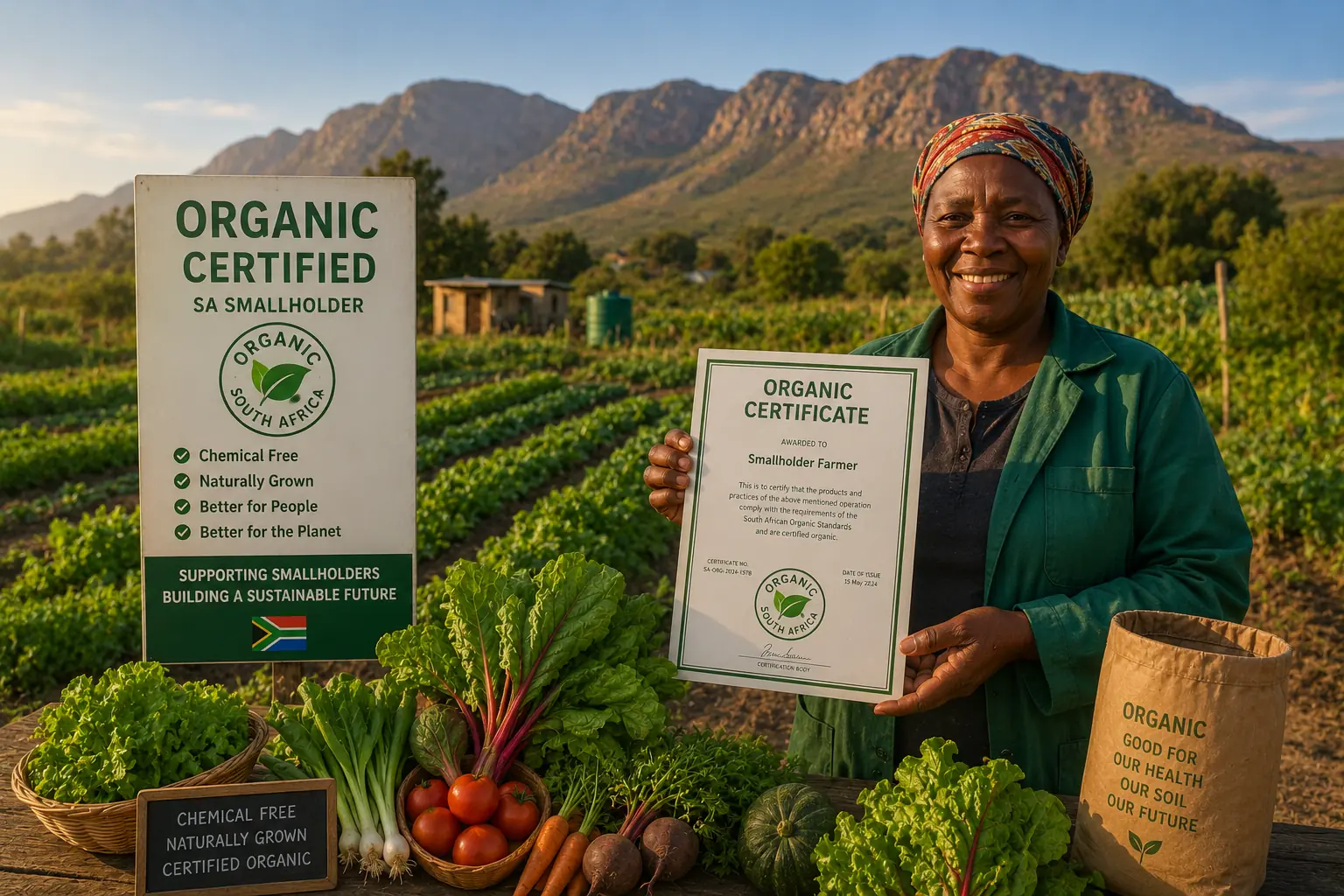 Certified organic farming South Africa, smallholder farmer with organic certification documentation