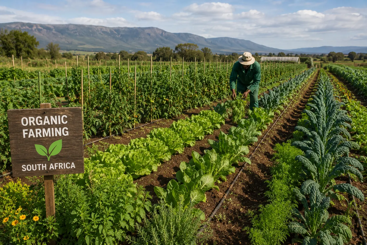 Organic farming in South Africa, certified organic vegetable farm with natural mulch and companion planting