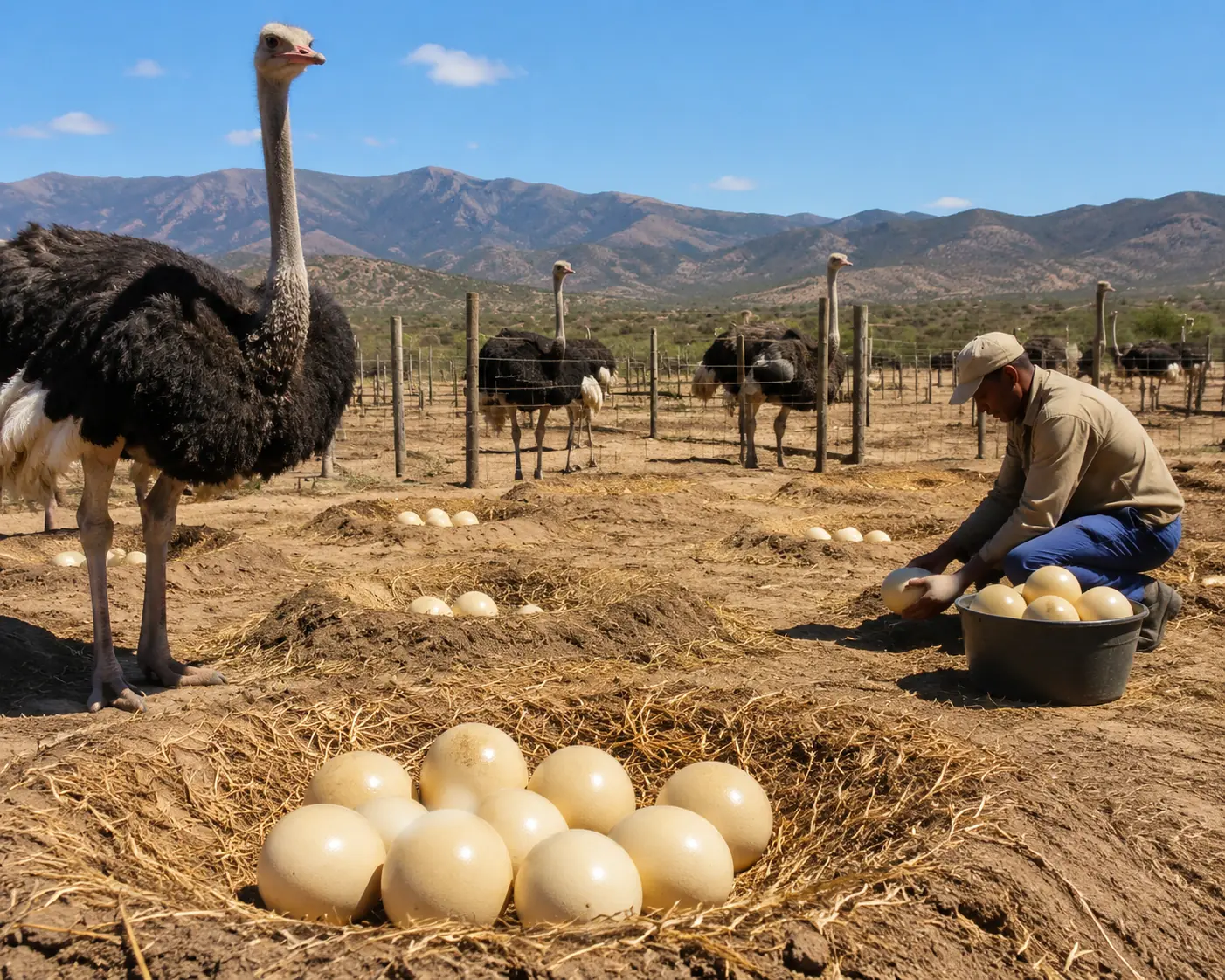 Ostrich eggs being collected on a Klein Karoo farm in Oudtshoorn, South Africa
