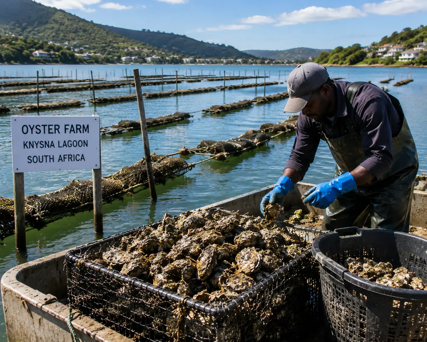 Oyster farming in Knysna Lagoon, South Africa, longline baskets visible on the water