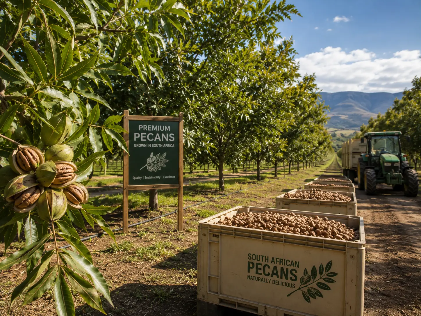 Pecan nut orchard in South Africa, mature pecan trees in production in the Northern Cape