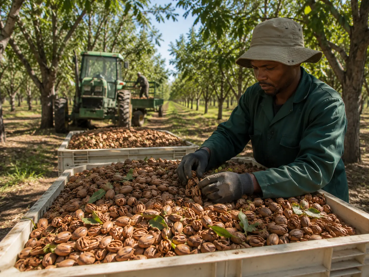 Pecan nut harvest South Africa, harvested pecan nuts being collected in orchard