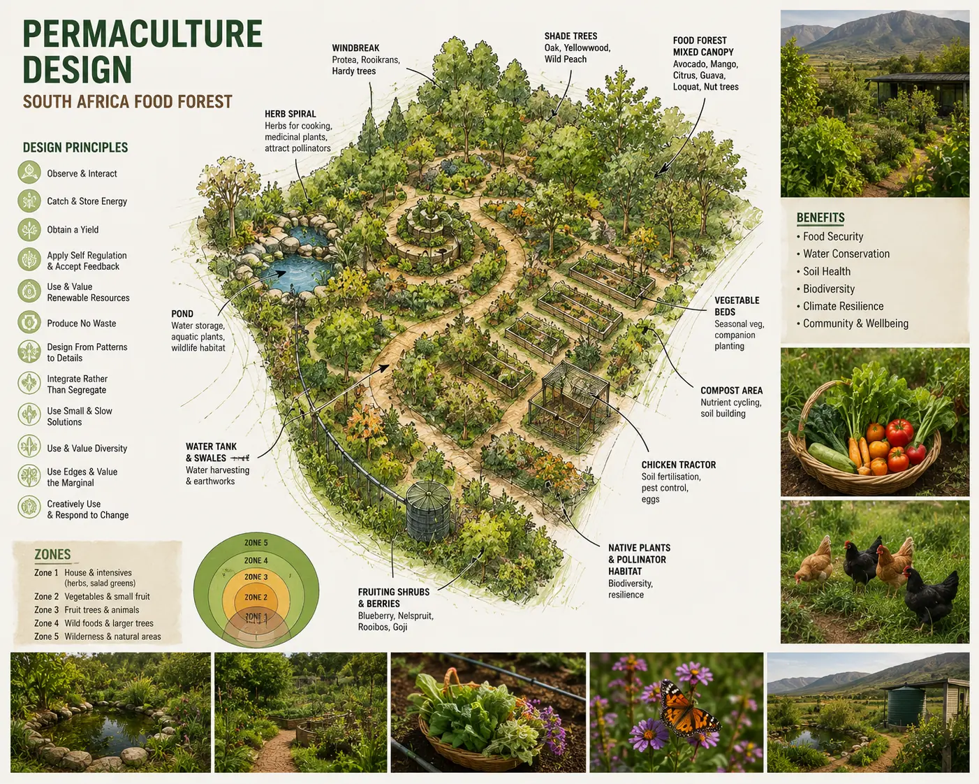 Permaculture food forest design on a South African smallholding showing layered planting