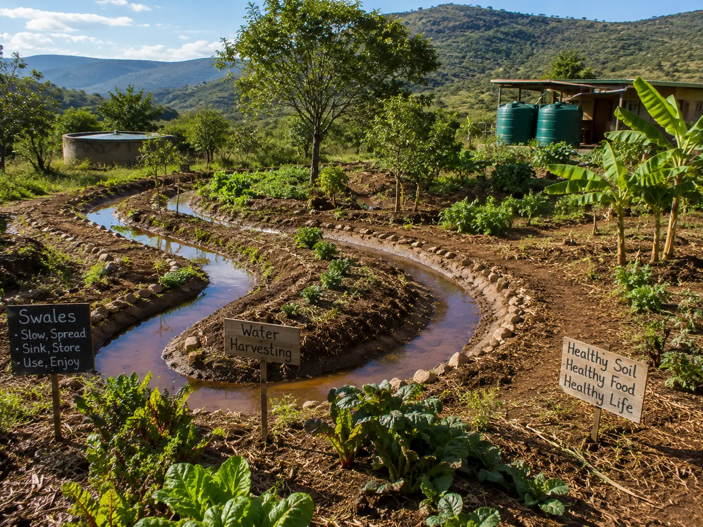 Permaculture swales and water harvesting earthworks on a South African farm
