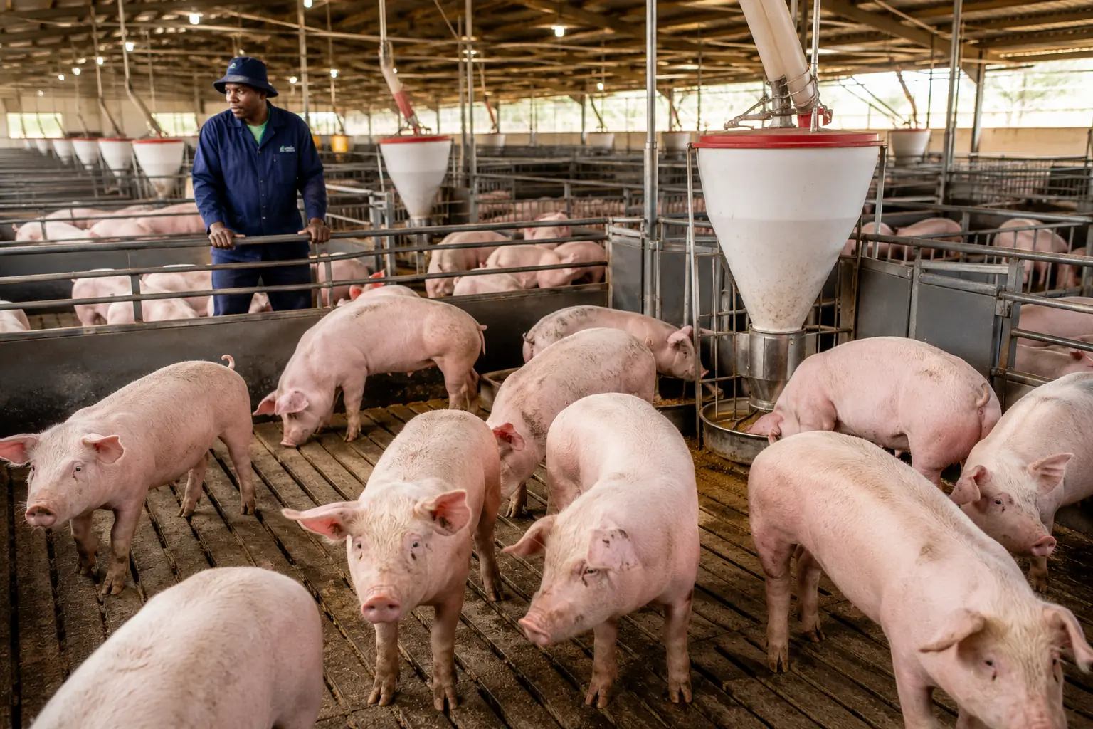 Pig farming South Africa, commercial pig production facility with Large White pigs