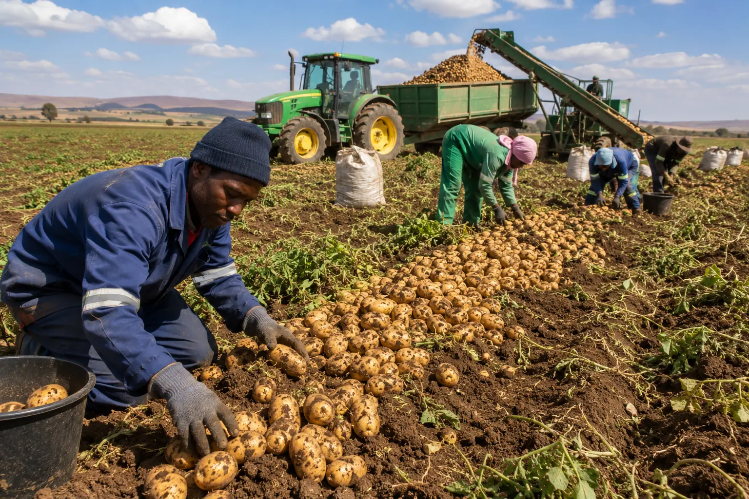 Potato harvest in the Free State South Africa, mechanical potato harvester in operation