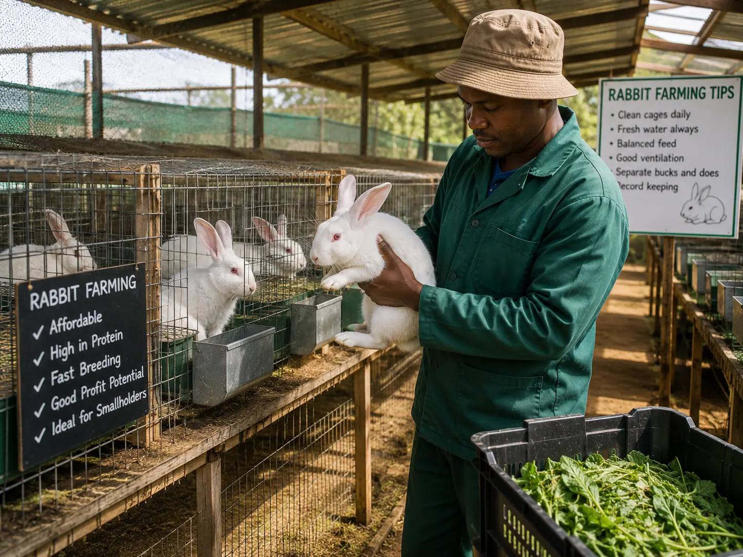 Rabbit hutches on a South African smallholder farm, clean, well-ventilated wire cages
